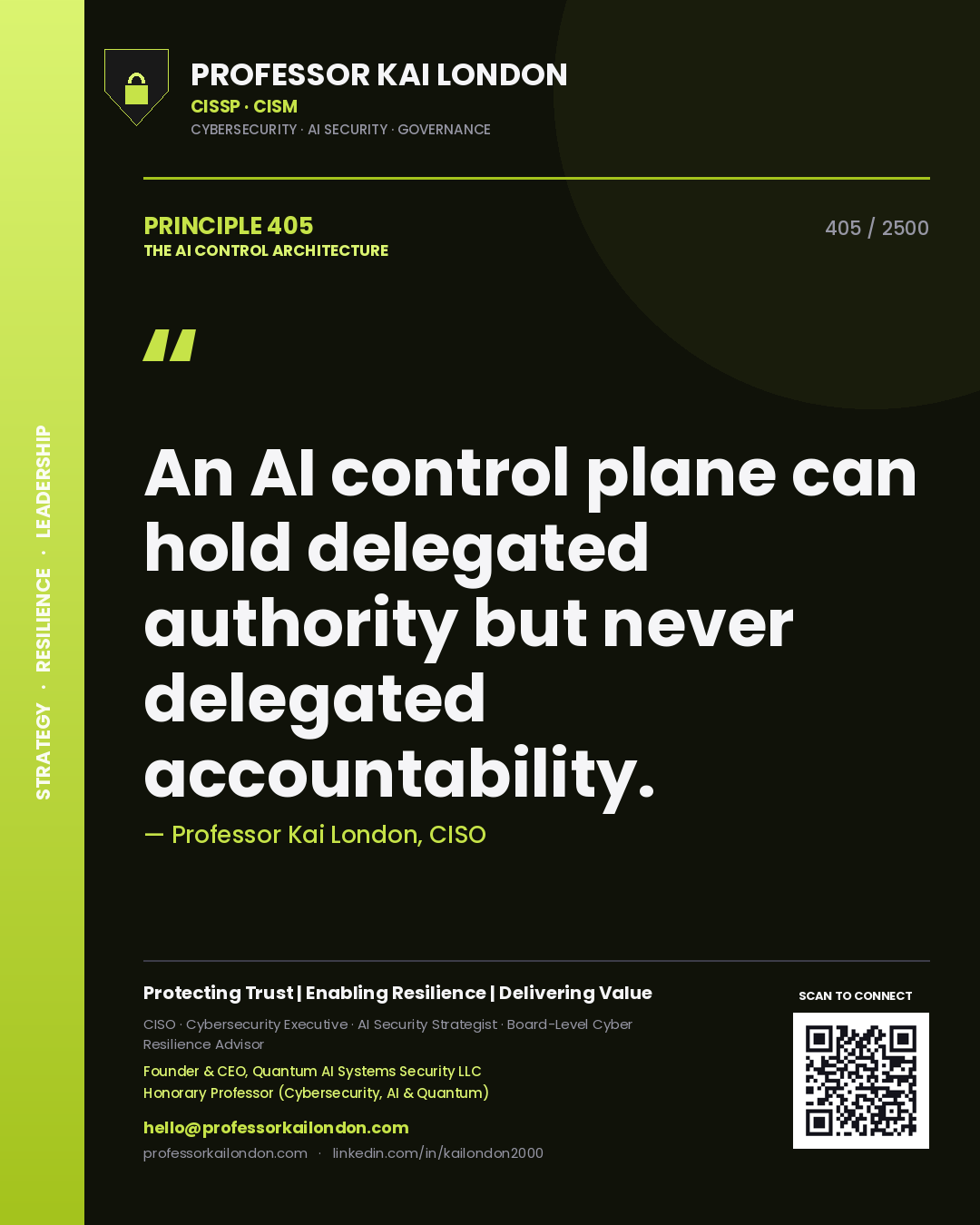 Professor Kai London principle 405: An AI control plane can hold delegated authority but never delegated accountability.
