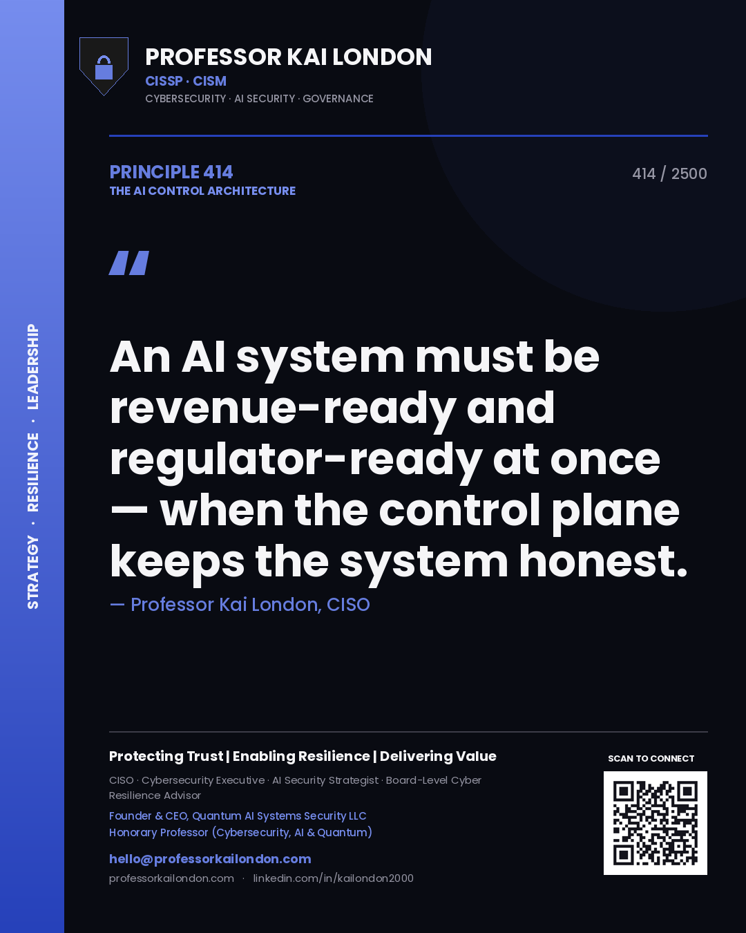 Quote card by Professor Kai London reading 'An AI system must be revenue-ready and regulator-ready at once — when the control plane keeps the system honest.'. From the book The AI Control Architecture.