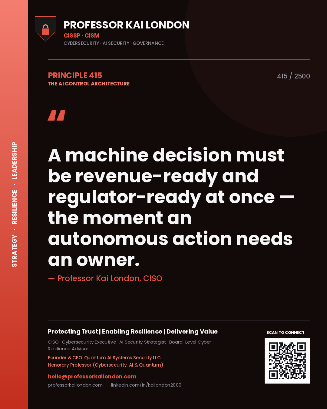 Professor Kai London principle 415: A machine decision must be revenue-ready and regulator-ready at once — the moment an autonomous action needs an owner.