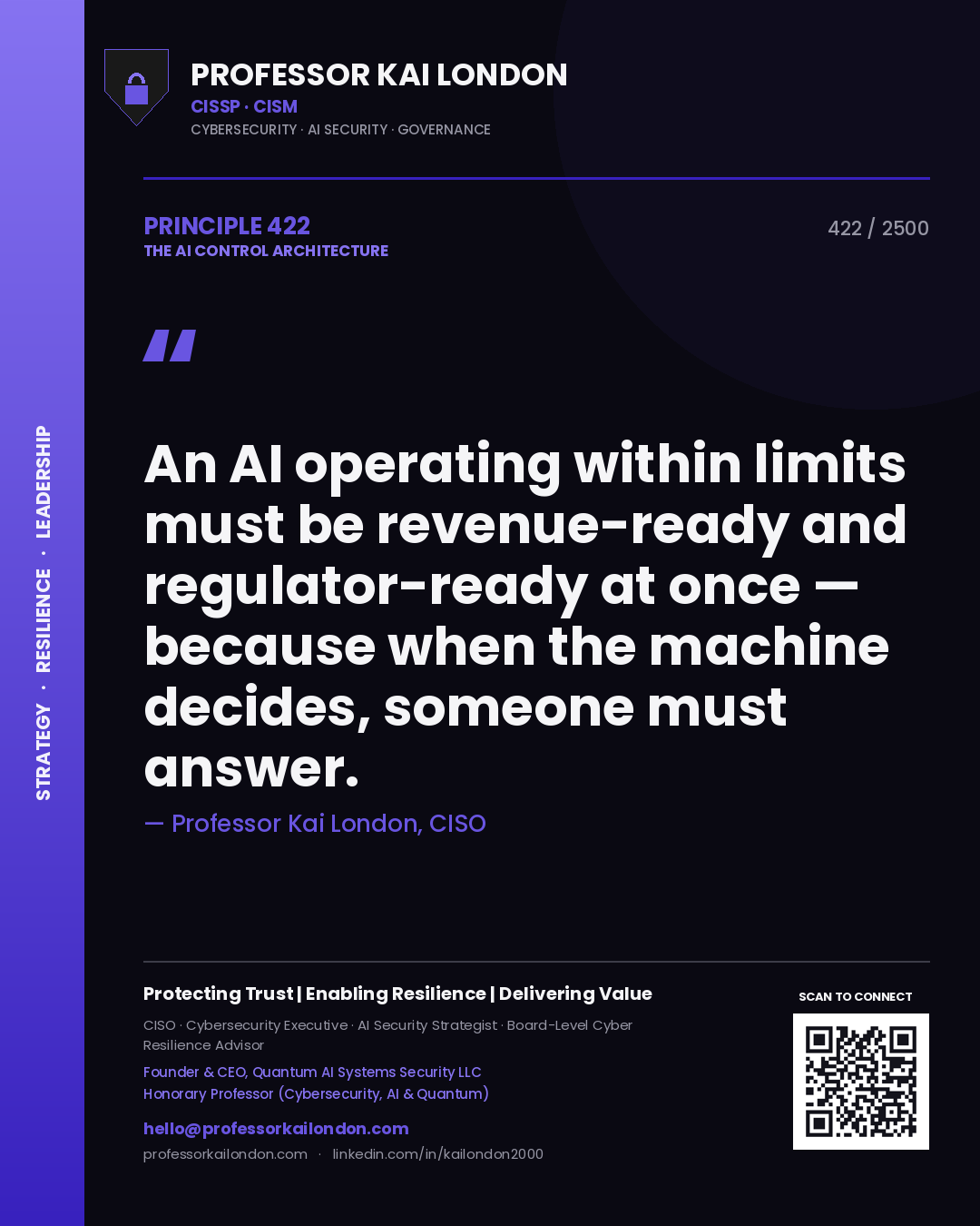 Quote card by Professor Kai London reading 'An AI operating within limits must be revenue-ready and regulator-ready at once — because when the machine decides, someone must answer.'. From the book The AI Control Architecture.