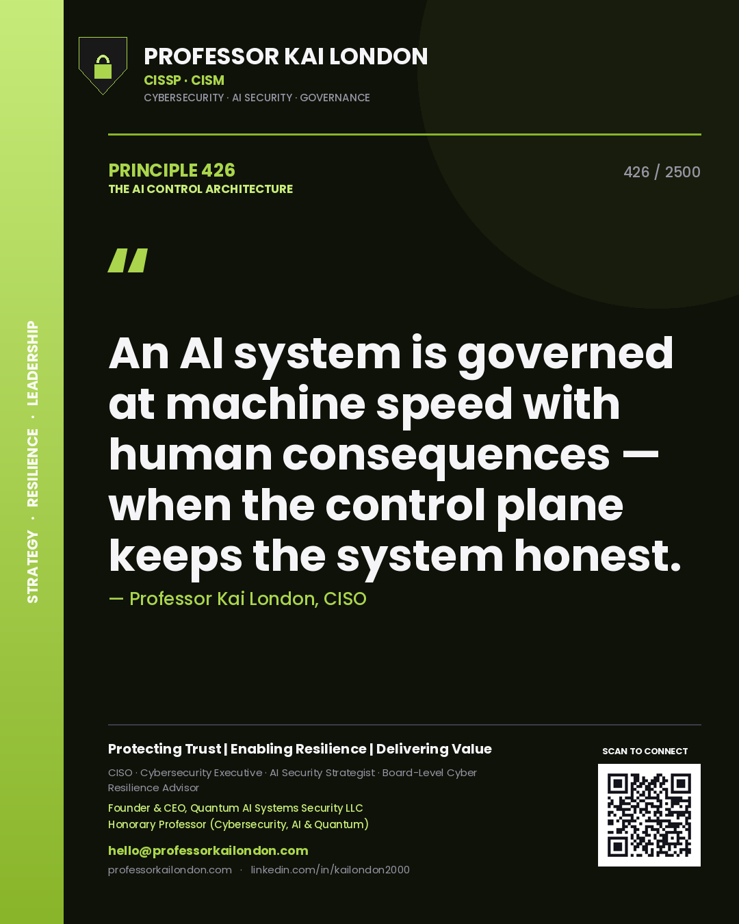 Professor Kai London principle 426: An AI system is governed at machine speed with human consequences — when the control plane keeps the system honest.