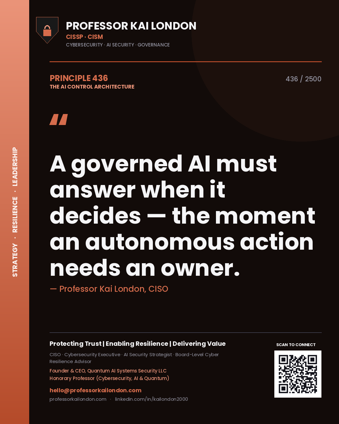 Professor Kai London principle 436: A governed AI must answer when it decides — the moment an autonomous action needs an owner.