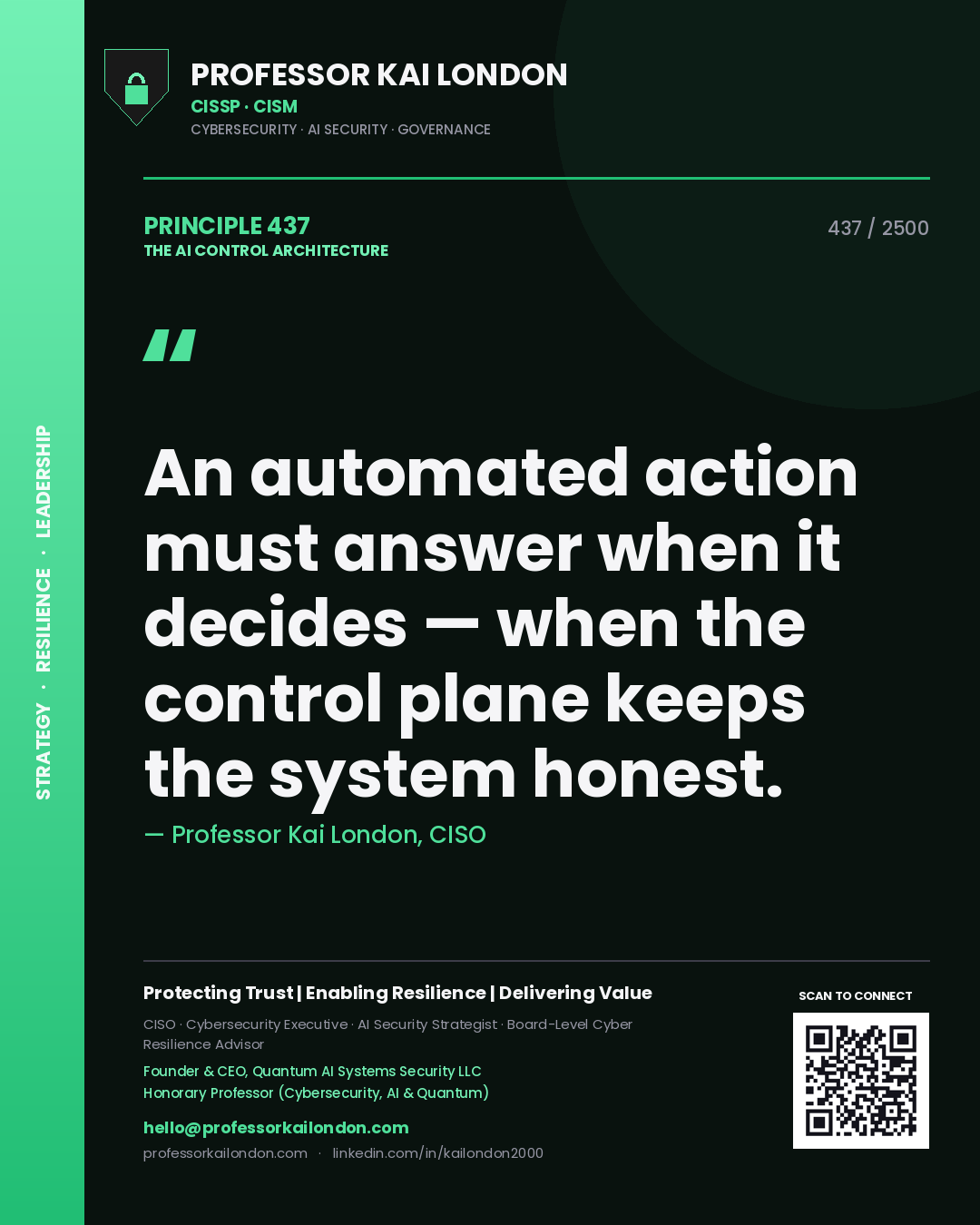 Quote card by Professor Kai London reading 'An automated action must answer when it decides — when the control plane keeps the system honest.'. From the book The AI Control Architecture.