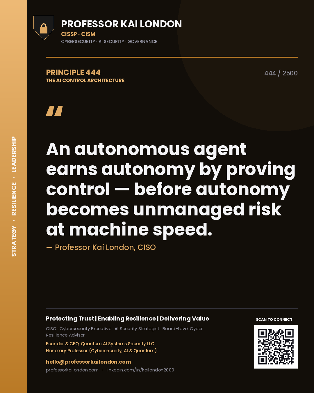 Professor Kai London principle 444: An autonomous agent earns autonomy by proving control — before autonomy becomes unmanaged risk at machine speed.