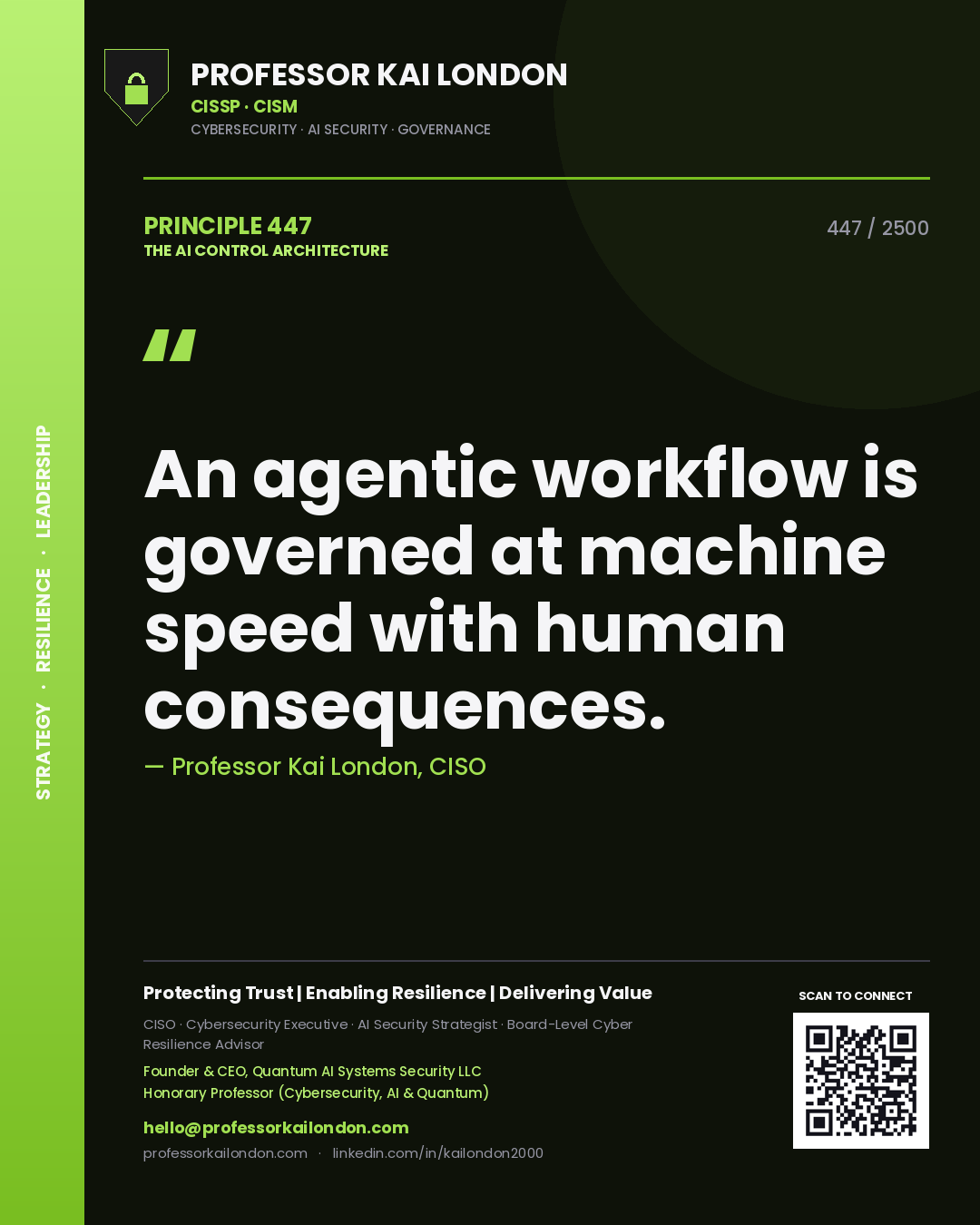 Professor Kai London principle 447: An agentic workflow is governed at machine speed with human consequences.