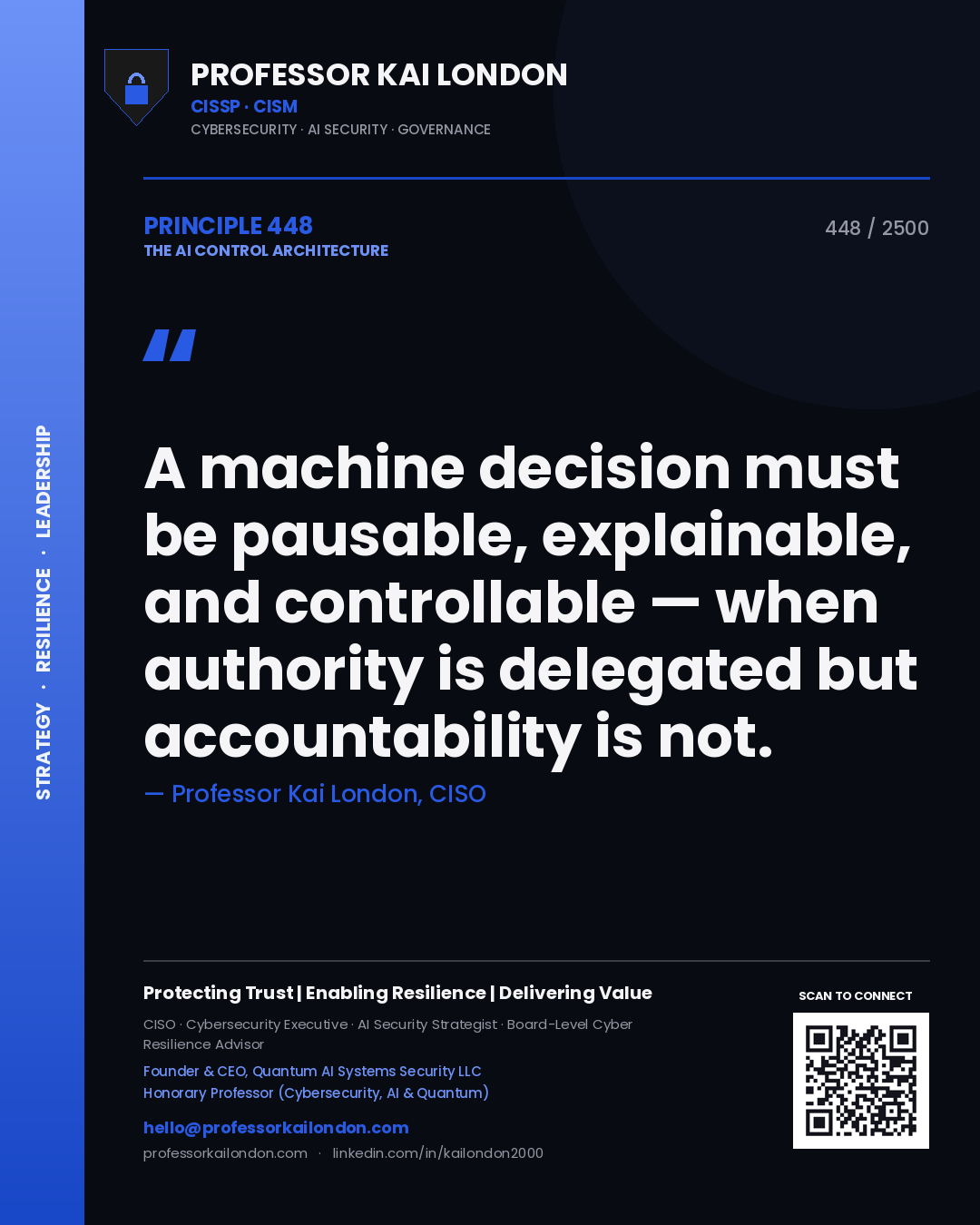 Professor Kai London principle 448: A machine decision must be pausable, explainable, and controllable — when authority is delegated but accountability is not.
