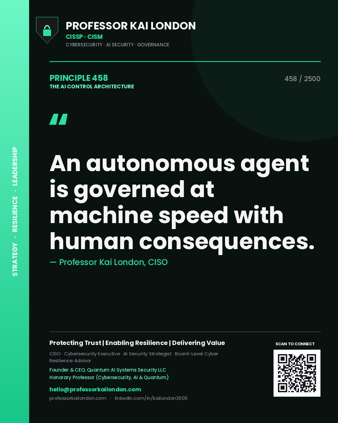 Professor Kai London principle 458: An autonomous agent is governed at machine speed with human consequences.