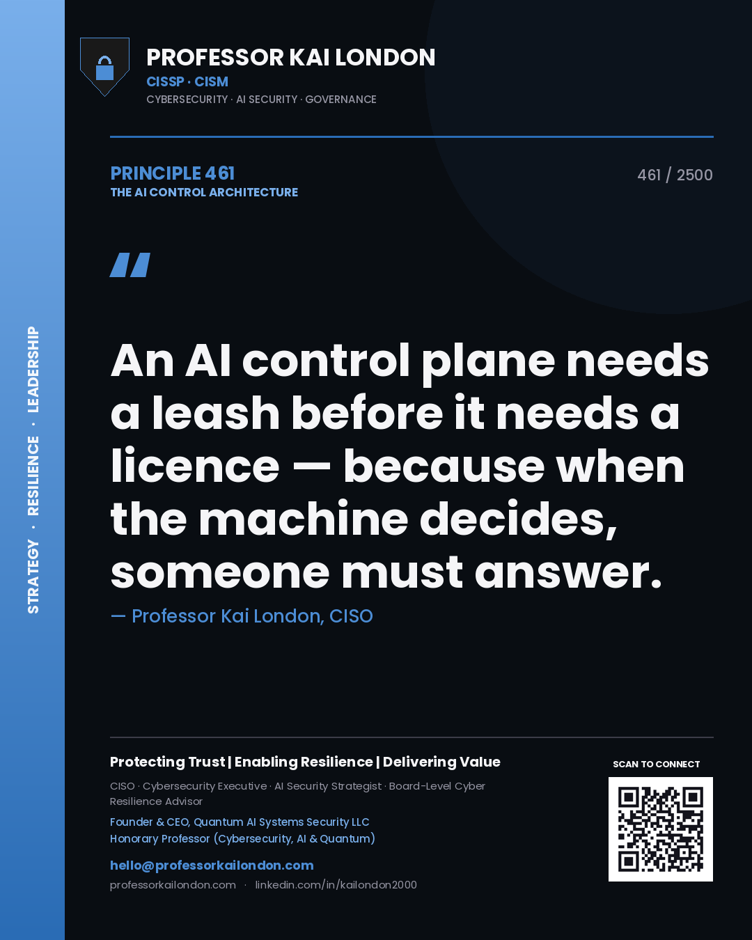 Professor Kai London principle 461: An AI control plane needs a leash before it needs a licence — because when the machine decides, someone must answer.