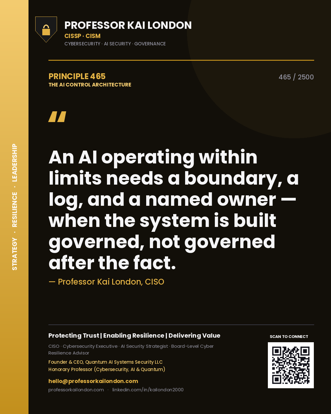Quote card by Professor Kai London reading 'An AI operating within limits needs a boundary, a log, and a named owner — when the system is built governed, not governed after the fact.'. From the book The AI Control Architecture.