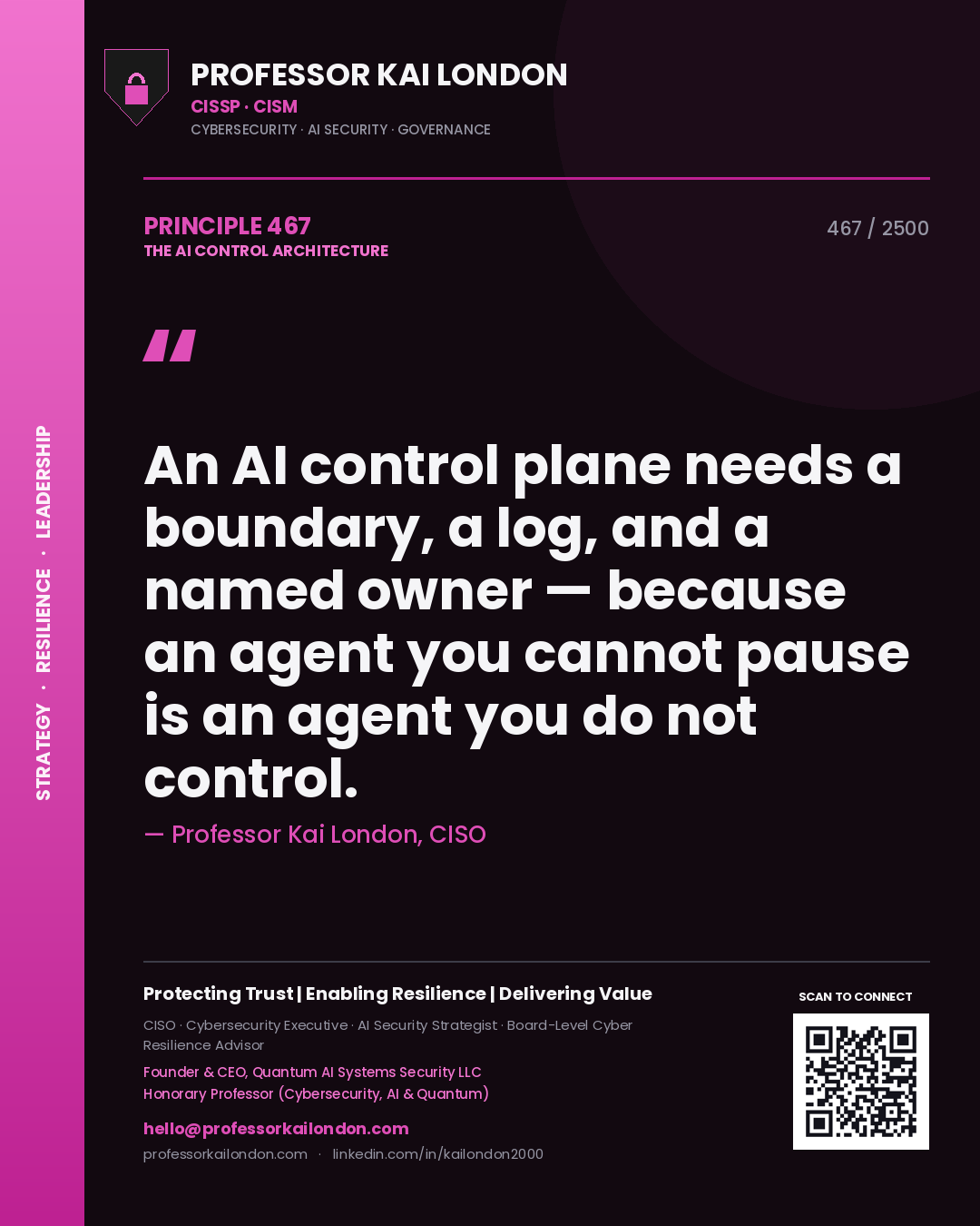 Professor Kai London principle 467: An AI control plane needs a boundary, a log, and a named owner — because an agent you cannot pause is an agent you do not control.