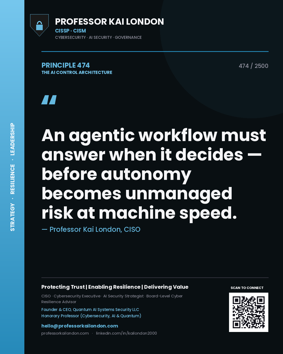 Professor Kai London principle 474: An agentic workflow must answer when it decides — before autonomy becomes unmanaged risk at machine speed.