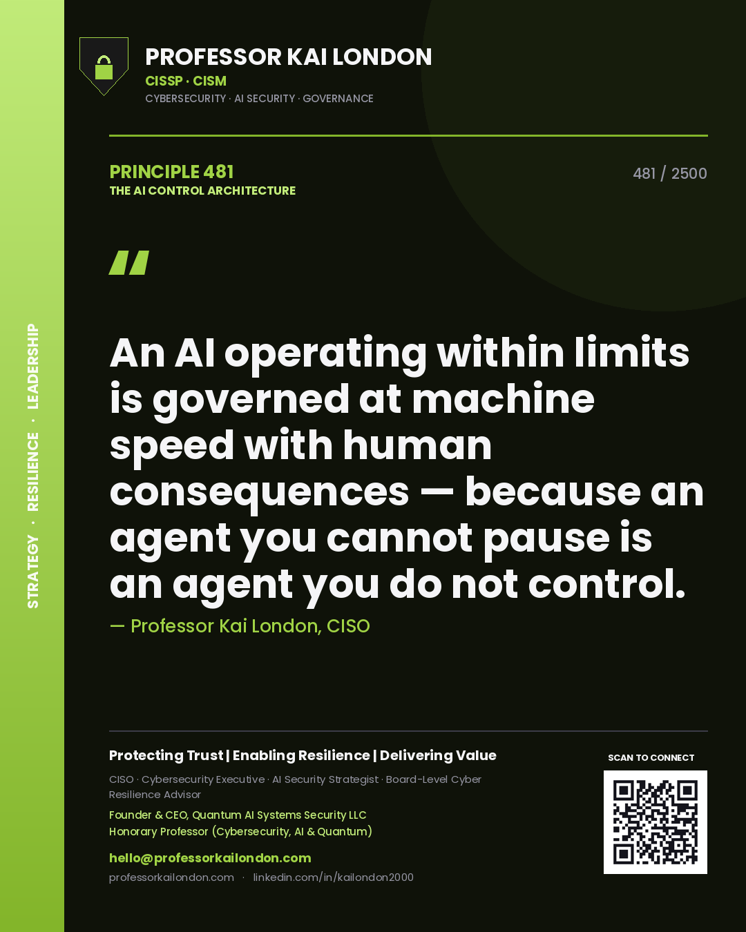 Professor Kai London principle 481: An AI operating within limits is governed at machine speed with human consequences — because an agent you cannot pause is an agent you do not control.