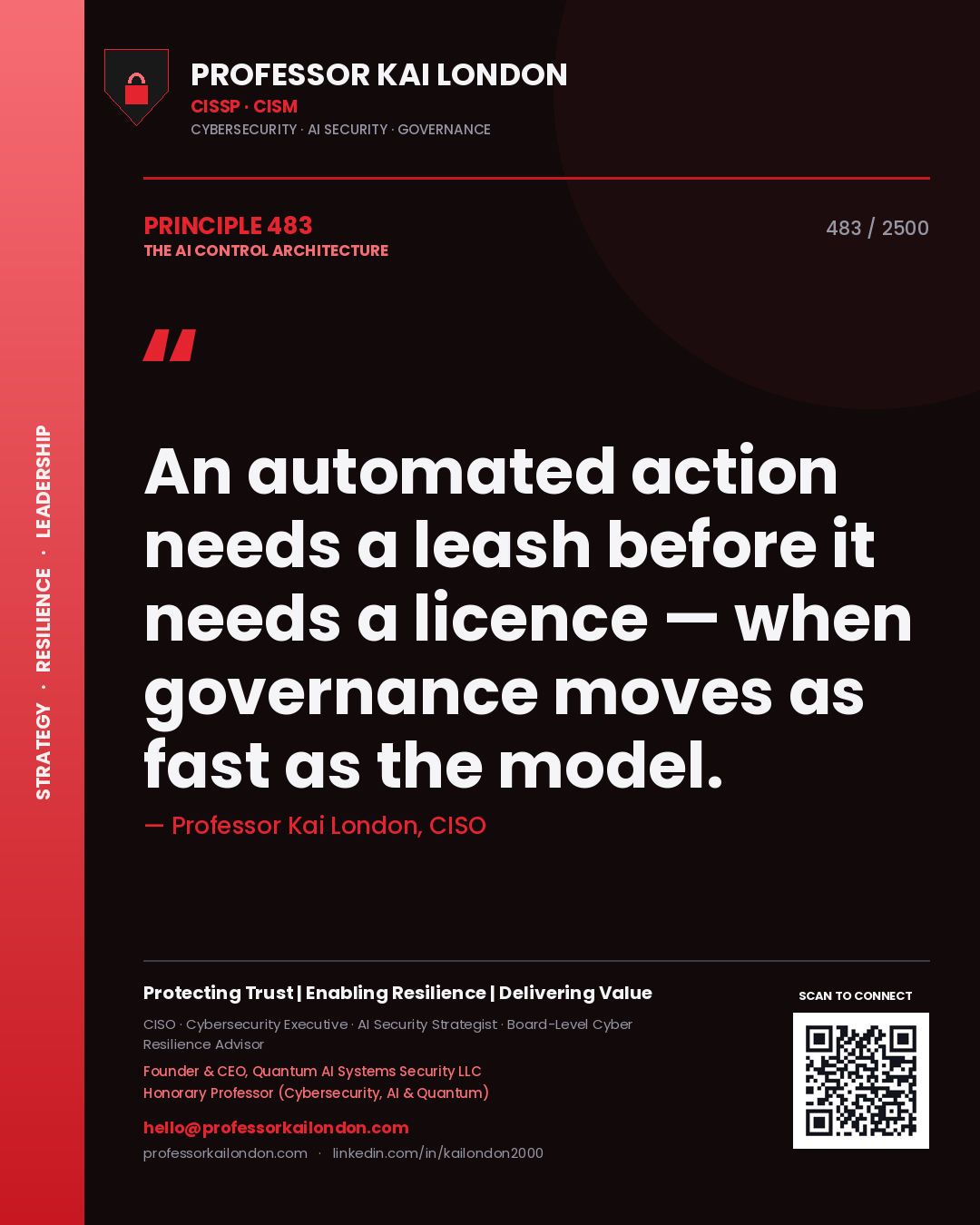 Professor Kai London principle 483: An automated action needs a leash before it needs a licence — when governance moves as fast as the model.