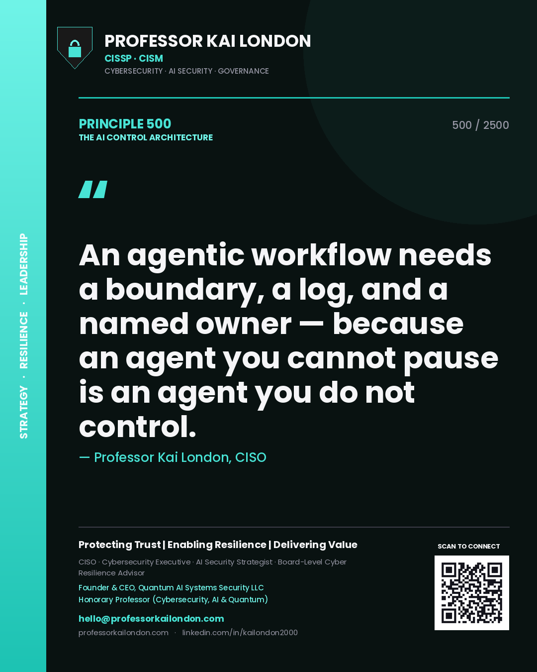 Professor Kai London principle 500: An agentic workflow needs a boundary, a log, and a named owner — because an agent you cannot pause is an agent you do not control.