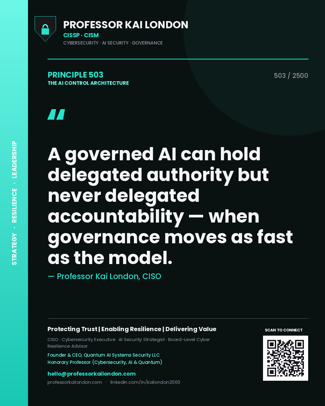 Quote card by Professor Kai London reading 'A governed AI can hold delegated authority but never delegated accountability — when governance moves as fast as the model.'. From the book The AI Control Architecture.
