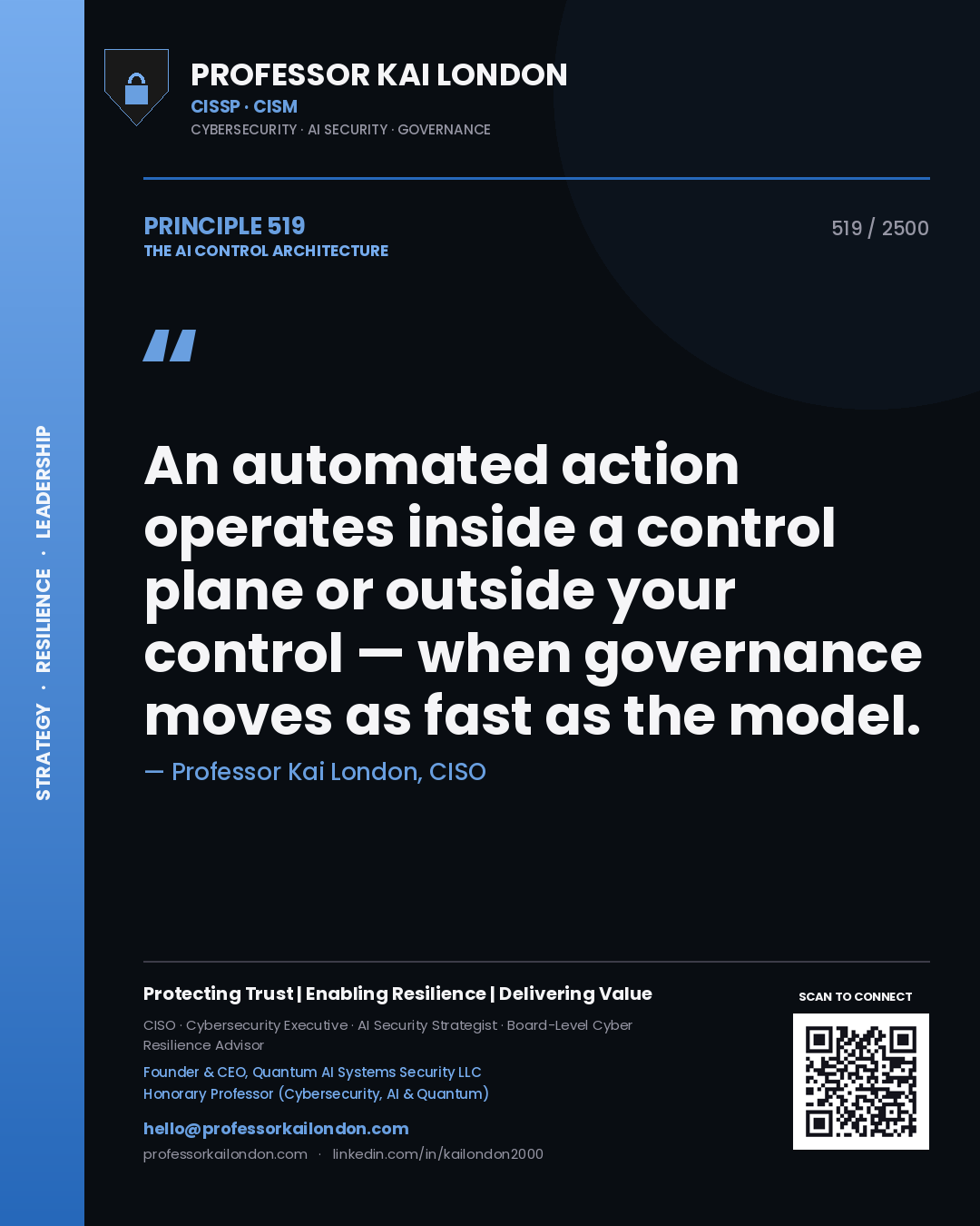 Professor Kai London principle 519: An automated action operates inside a control plane or outside your control — when governance moves as fast as the model.