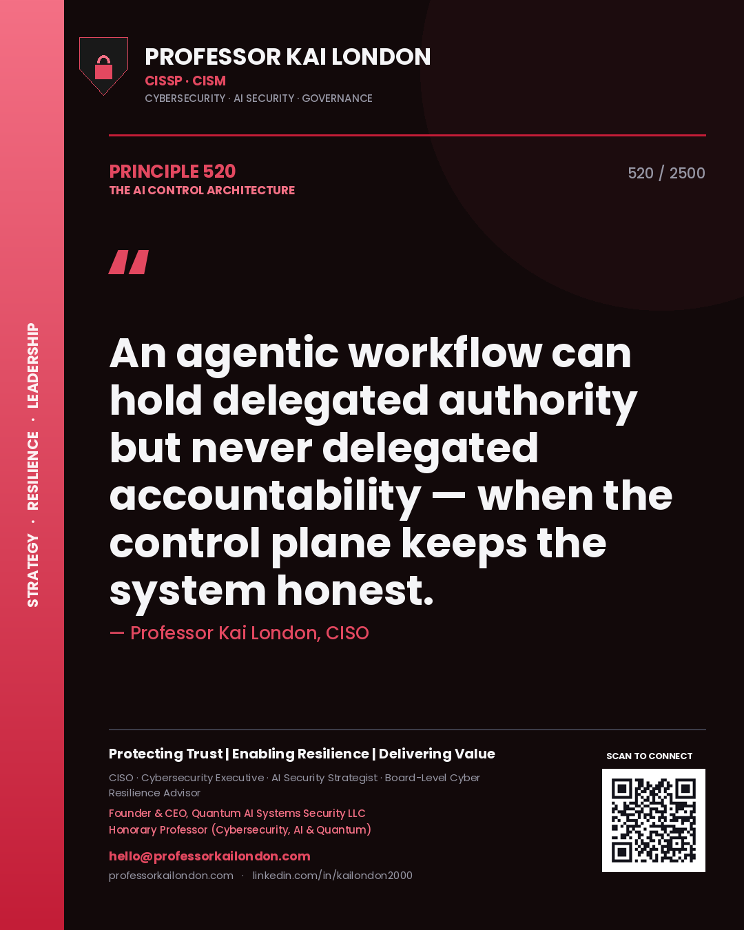 Professor Kai London principle 520: An agentic workflow can hold delegated authority but never delegated accountability — when the control plane keeps the system honest.