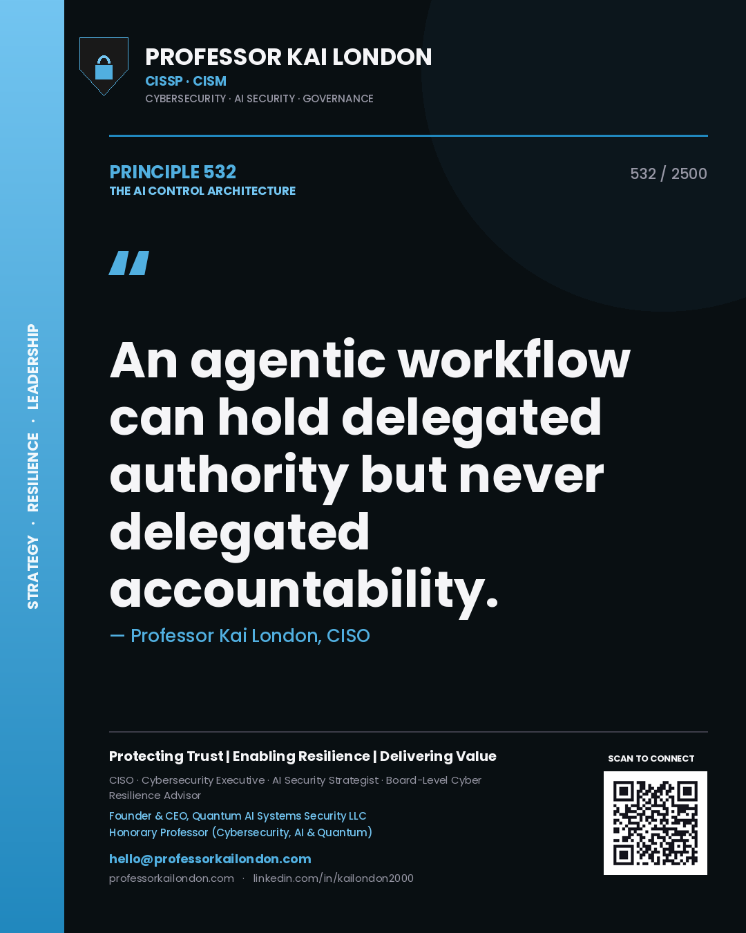 Professor Kai London principle 532: An agentic workflow can hold delegated authority but never delegated accountability.