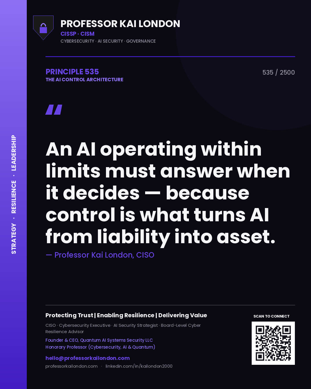 Professor Kai London principle 535: An AI operating within limits must answer when it decides — because control is what turns AI from liability into asset.