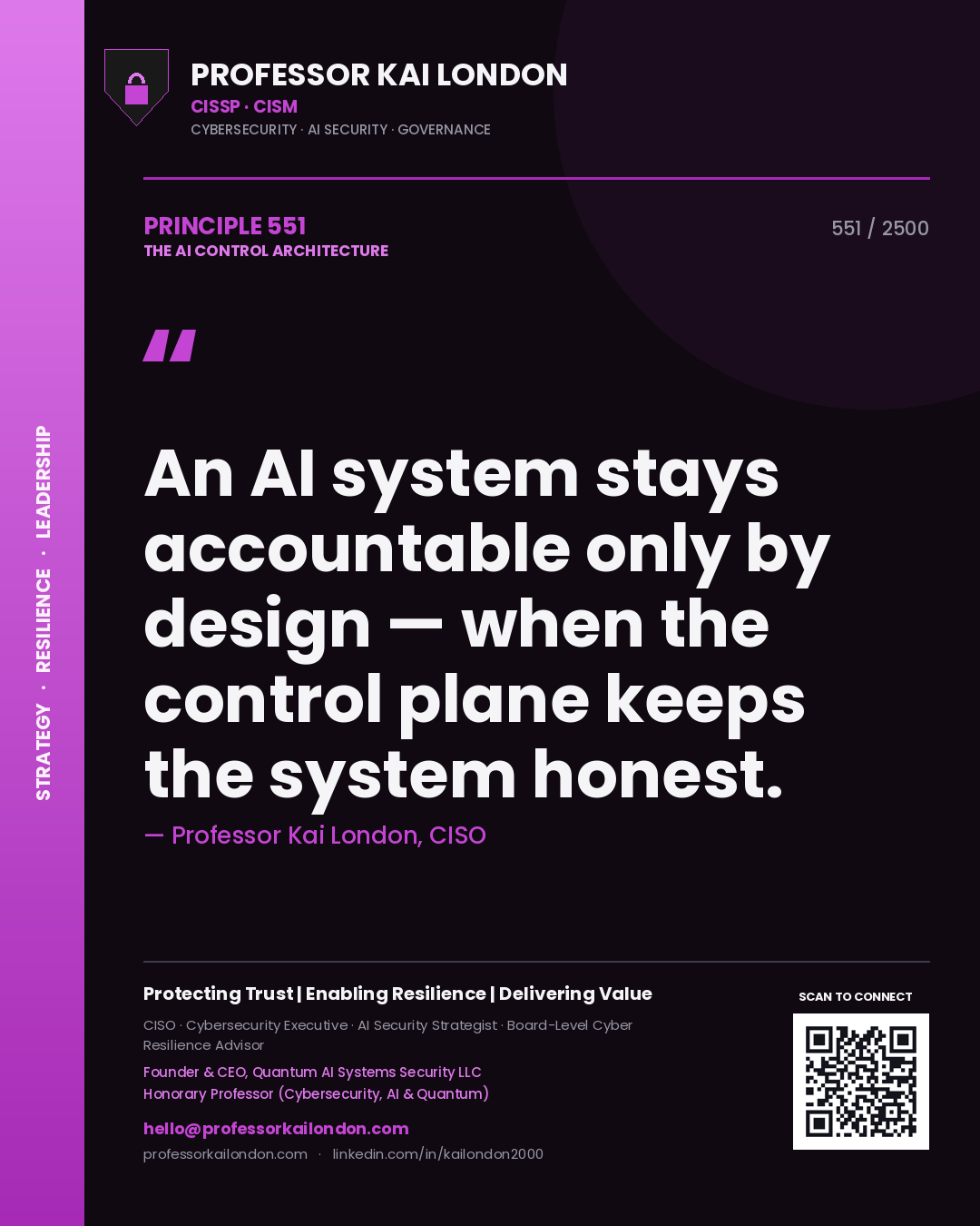 Professor Kai London principle 551: An AI system stays accountable only by design — when the control plane keeps the system honest.