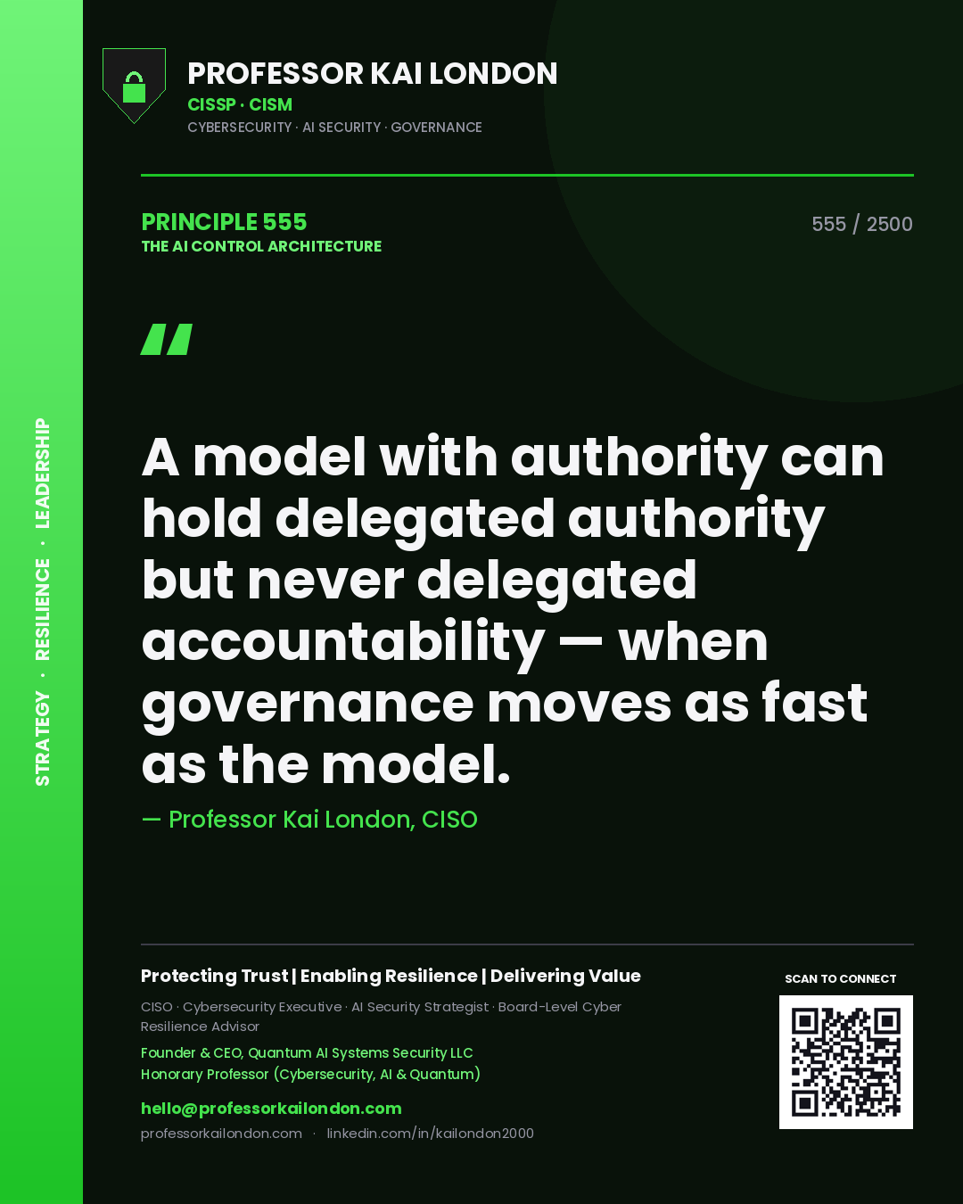 Professor Kai London principle 555: A model with authority can hold delegated authority but never delegated accountability — when governance moves as fast as the model.
