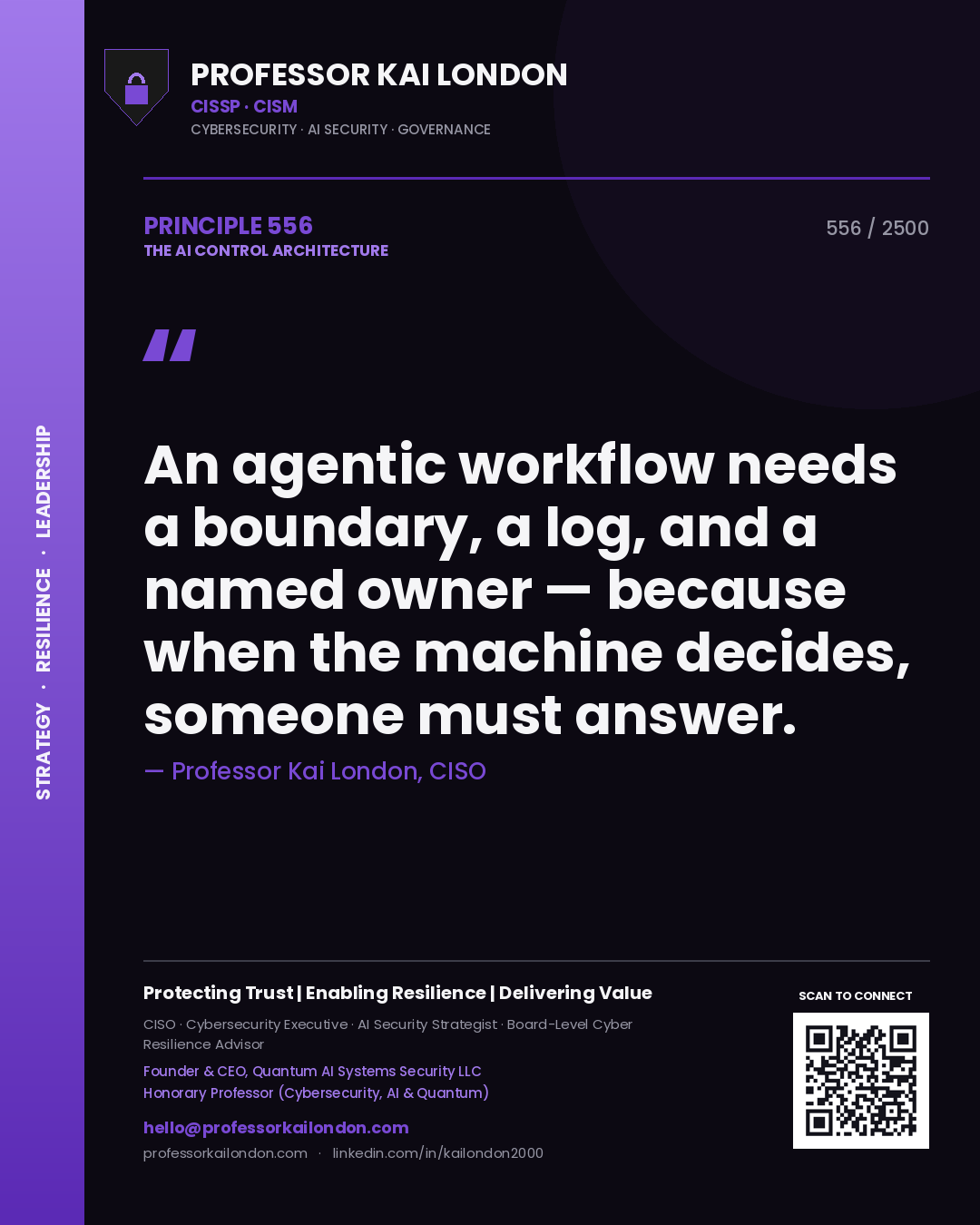 Professor Kai London principle 556: An agentic workflow needs a boundary, a log, and a named owner — because when the machine decides, someone must answer.
