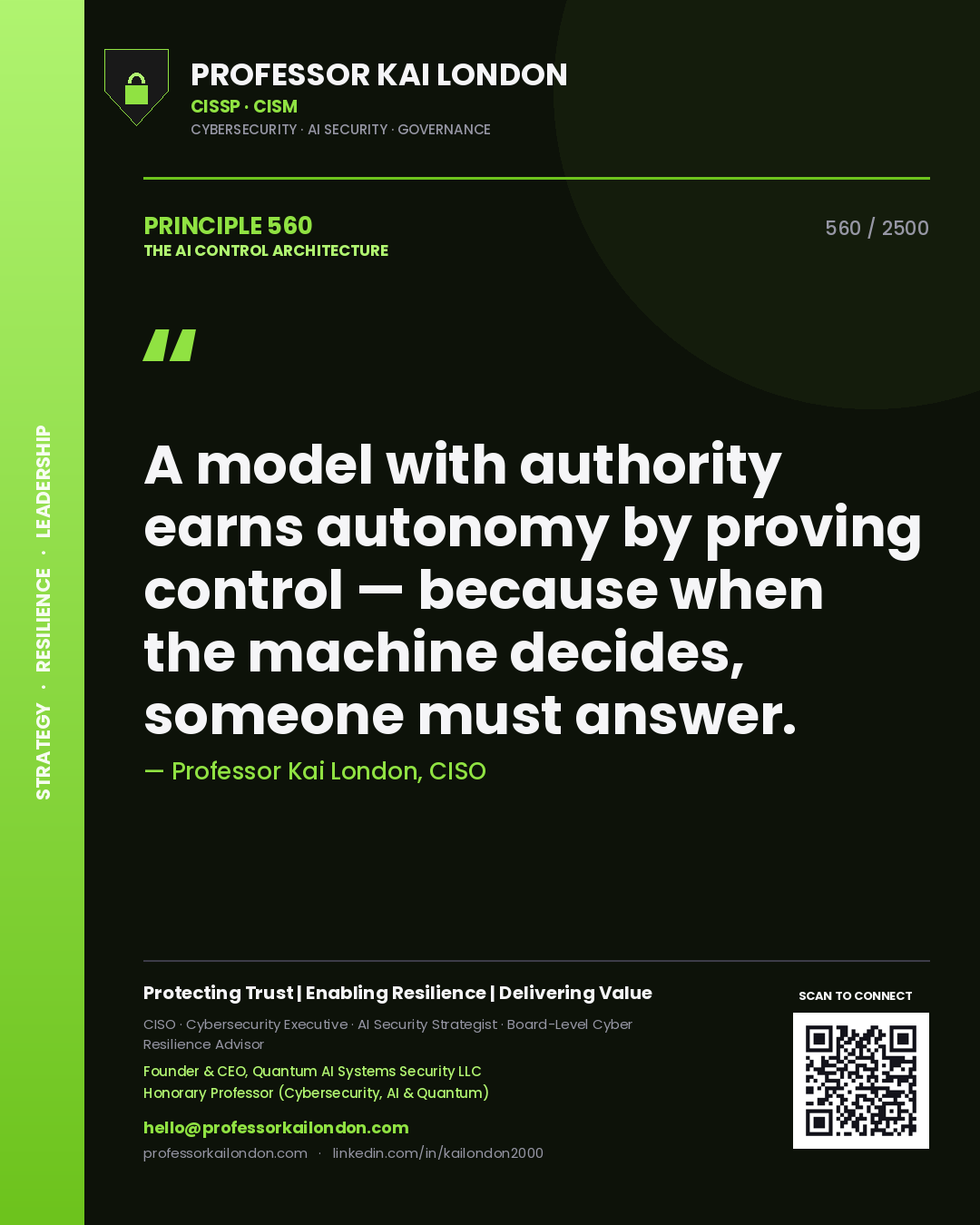 Quote card by Professor Kai London reading 'A model with authority earns autonomy by proving control — because when the machine decides, someone must answer.'. From the book The AI Control Architecture.