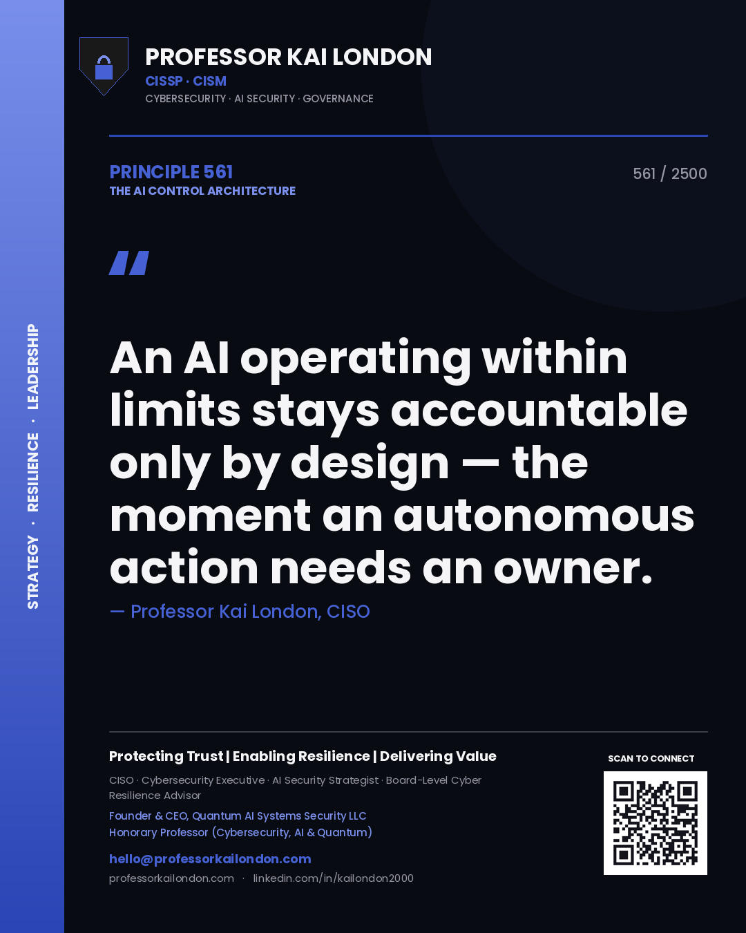 Quote card by Professor Kai London reading 'An AI operating within limits stays accountable only by design — the moment an autonomous action needs an owner.'. From the book The AI Control Architecture.