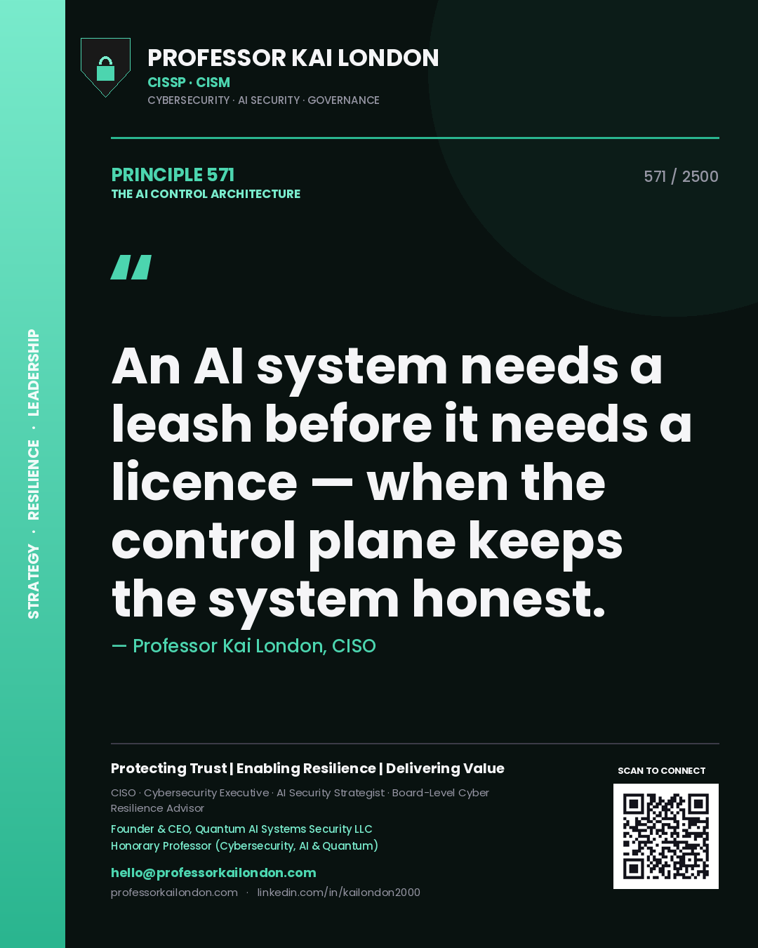 Quote card by Professor Kai London reading 'An AI system needs a leash before it needs a licence — when the control plane keeps the system honest.'. From the book The AI Control Architecture.