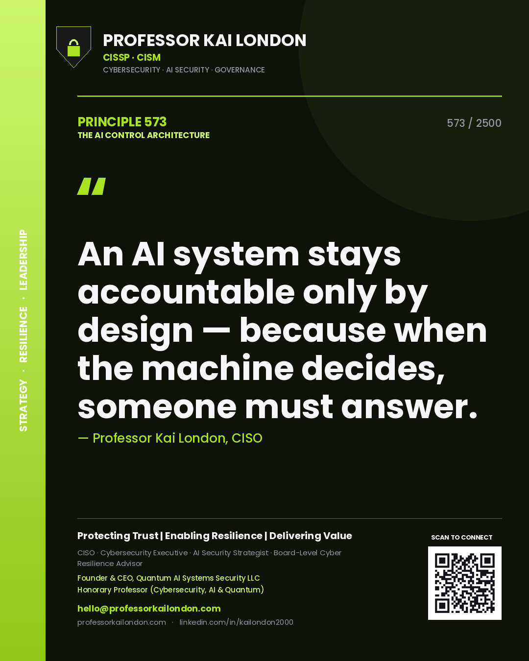 Professor Kai London principle 573: An AI system stays accountable only by design — because when the machine decides, someone must answer.