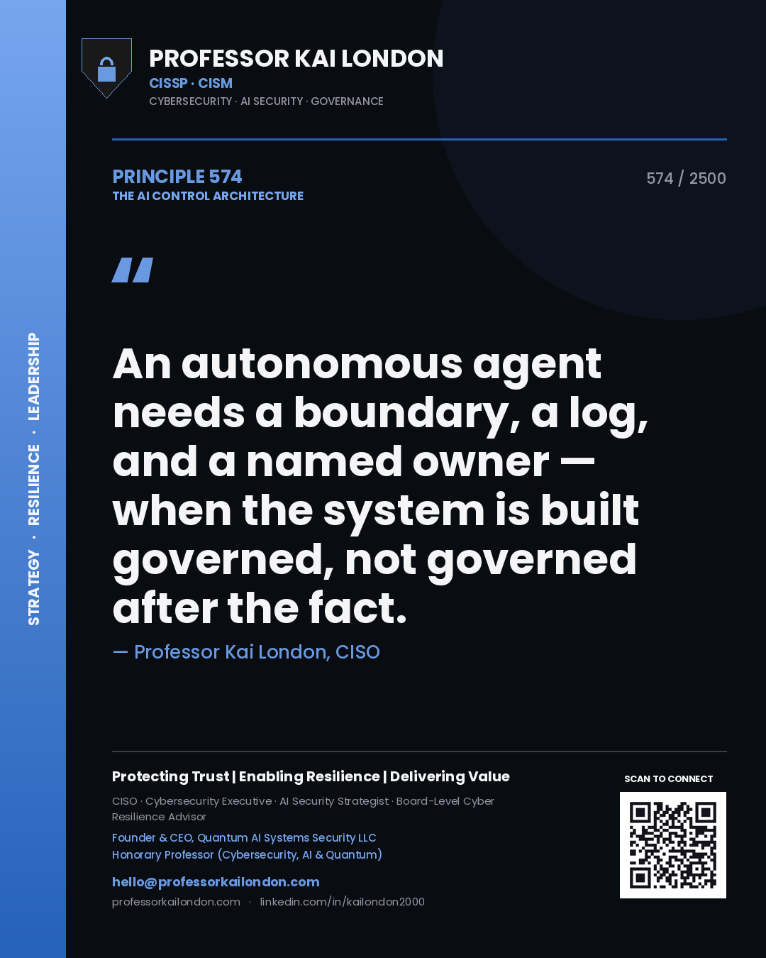 Professor Kai London principle 574: An autonomous agent needs a boundary, a log, and a named owner — when the system is built governed, not governed after the fact.