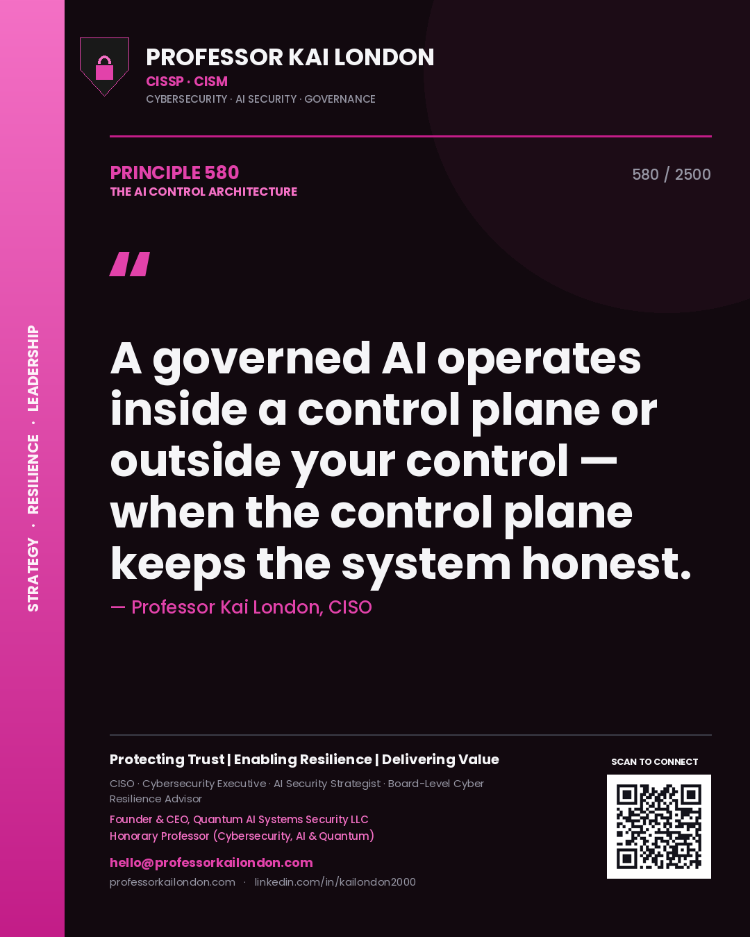 Professor Kai London principle 580: A governed AI operates inside a control plane or outside your control — when the control plane keeps the system honest.