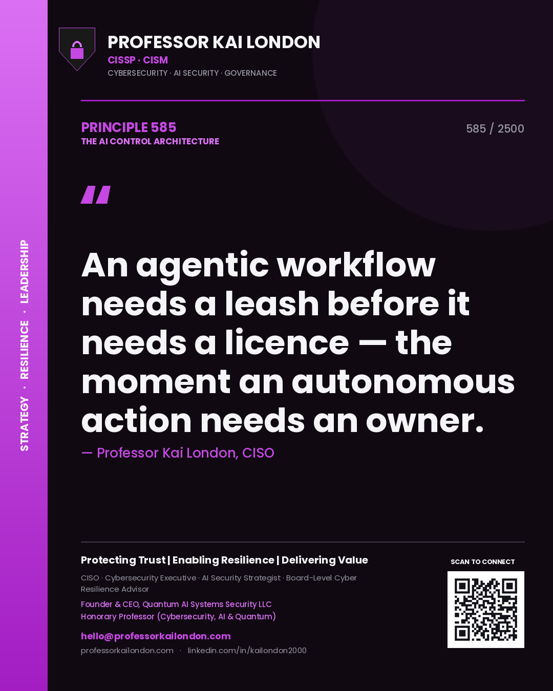 Quote card by Professor Kai London reading 'An agentic workflow needs a leash before it needs a licence — the moment an autonomous action needs an owner.'. From the book The AI Control Architecture.