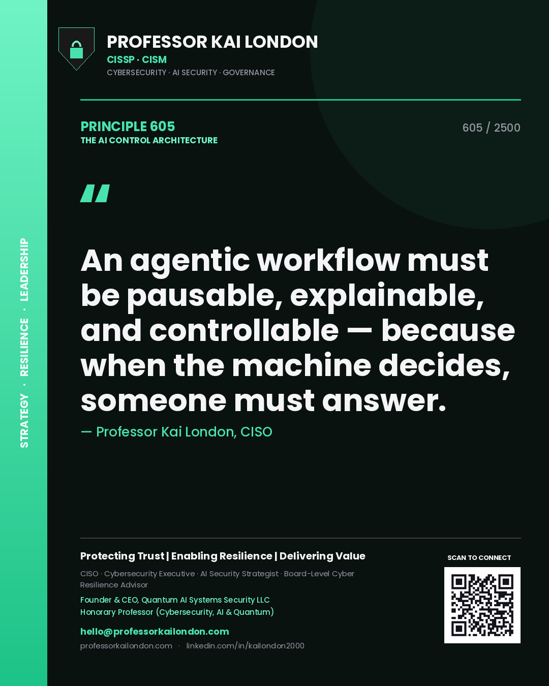 Quote card by Professor Kai London reading 'An agentic workflow must be pausable, explainable, and controllable — because when the machine decides, someone must answer.'. From the book The AI Control Architecture.