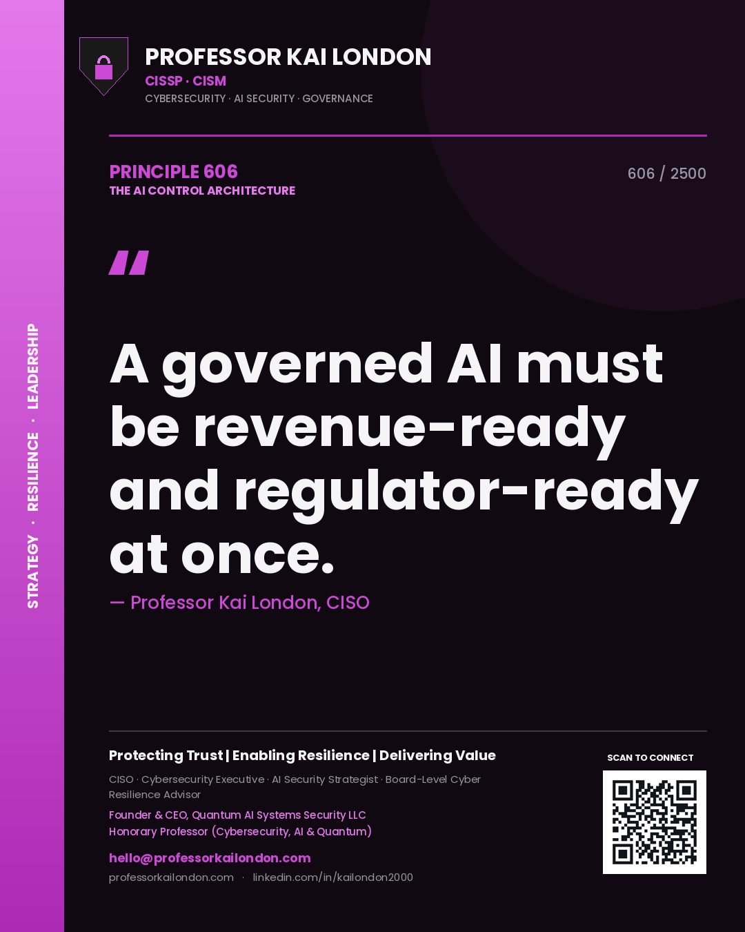 Quote card by Professor Kai London reading 'A governed AI must be revenue-ready and regulator-ready at once.'. From the book The AI Control Architecture.