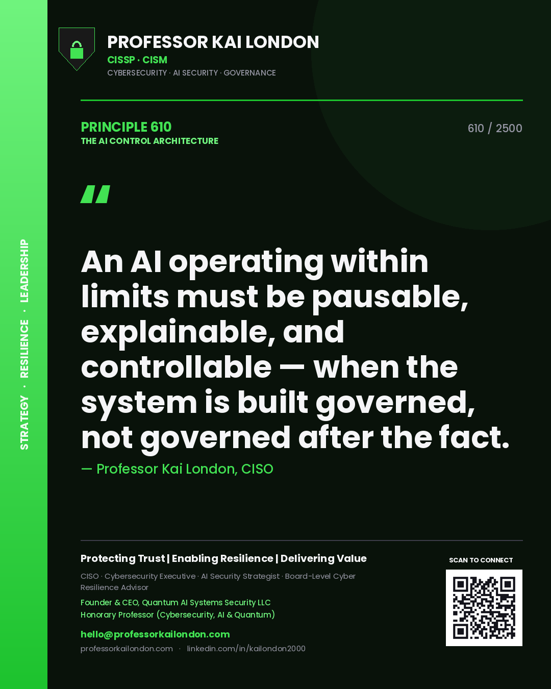 Professor Kai London principle 610: An AI operating within limits must be pausable, explainable, and controllable — when the system is built governed, not governed after the fact.