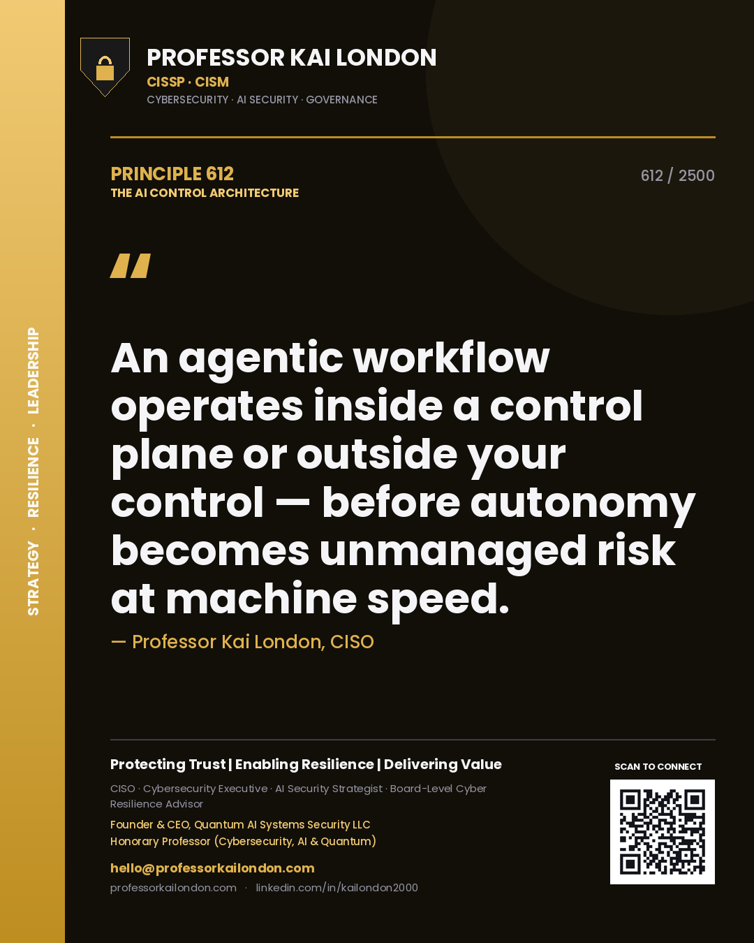 Professor Kai London principle 612: An agentic workflow operates inside a control plane or outside your control — before autonomy becomes unmanaged risk at machine speed.