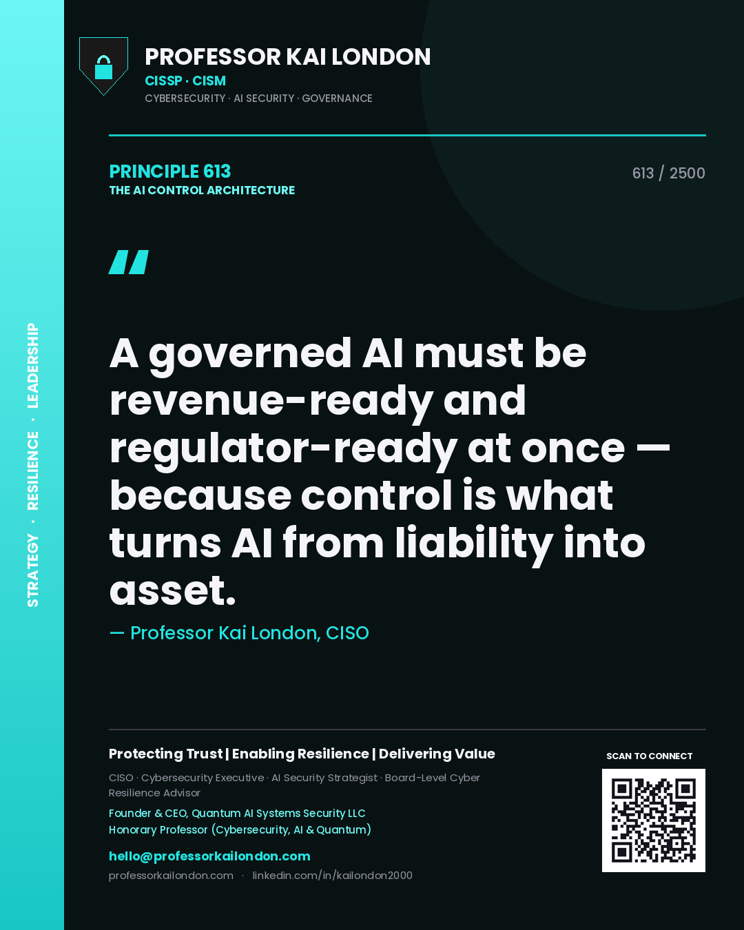 Quote card by Professor Kai London reading 'A governed AI must be revenue-ready and regulator-ready at once — because control is what turns AI from liability into asset.'. From the book The AI Control Architecture.