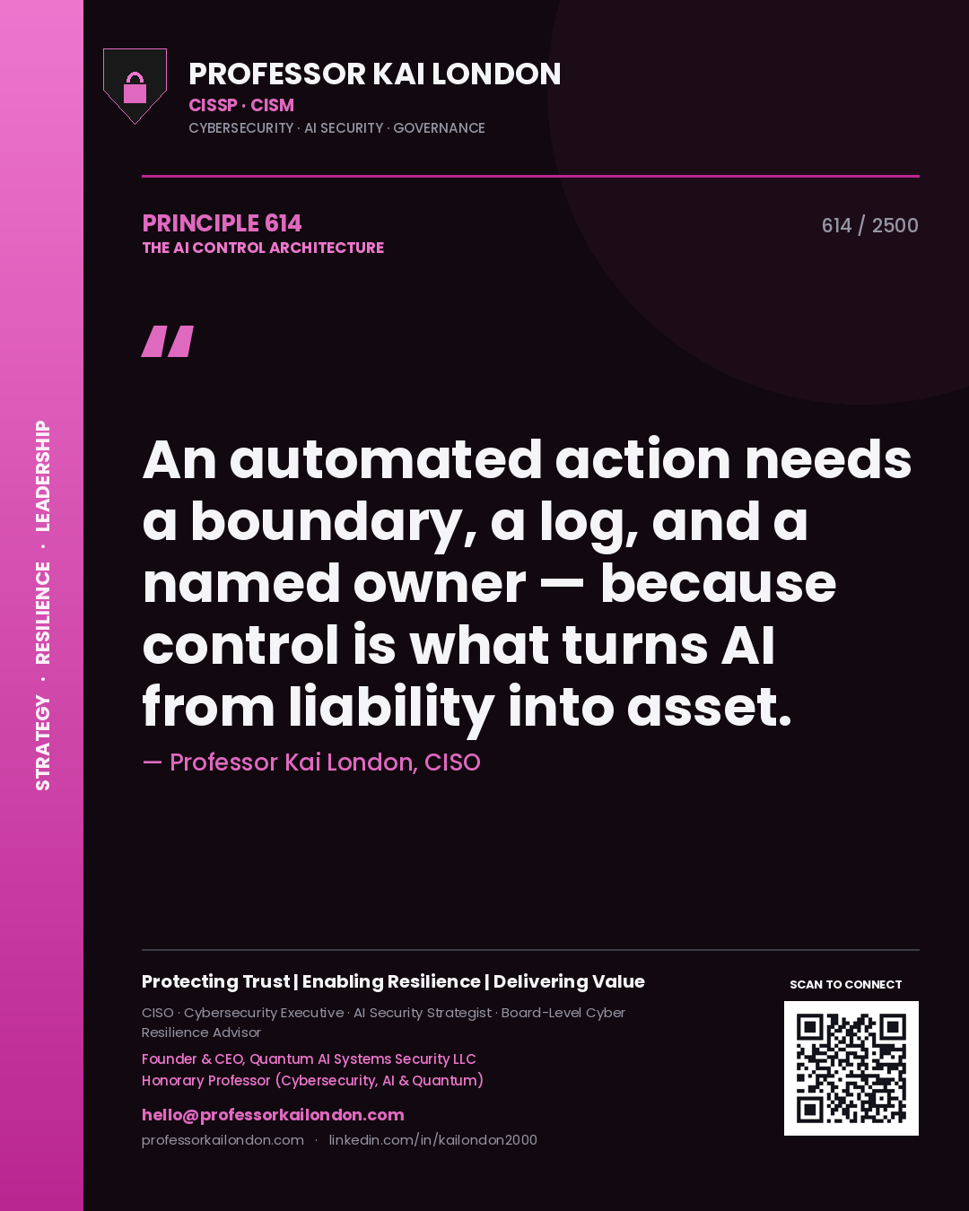 Professor Kai London principle 614: An automated action needs a boundary, a log, and a named owner — because control is what turns AI from liability into asset.