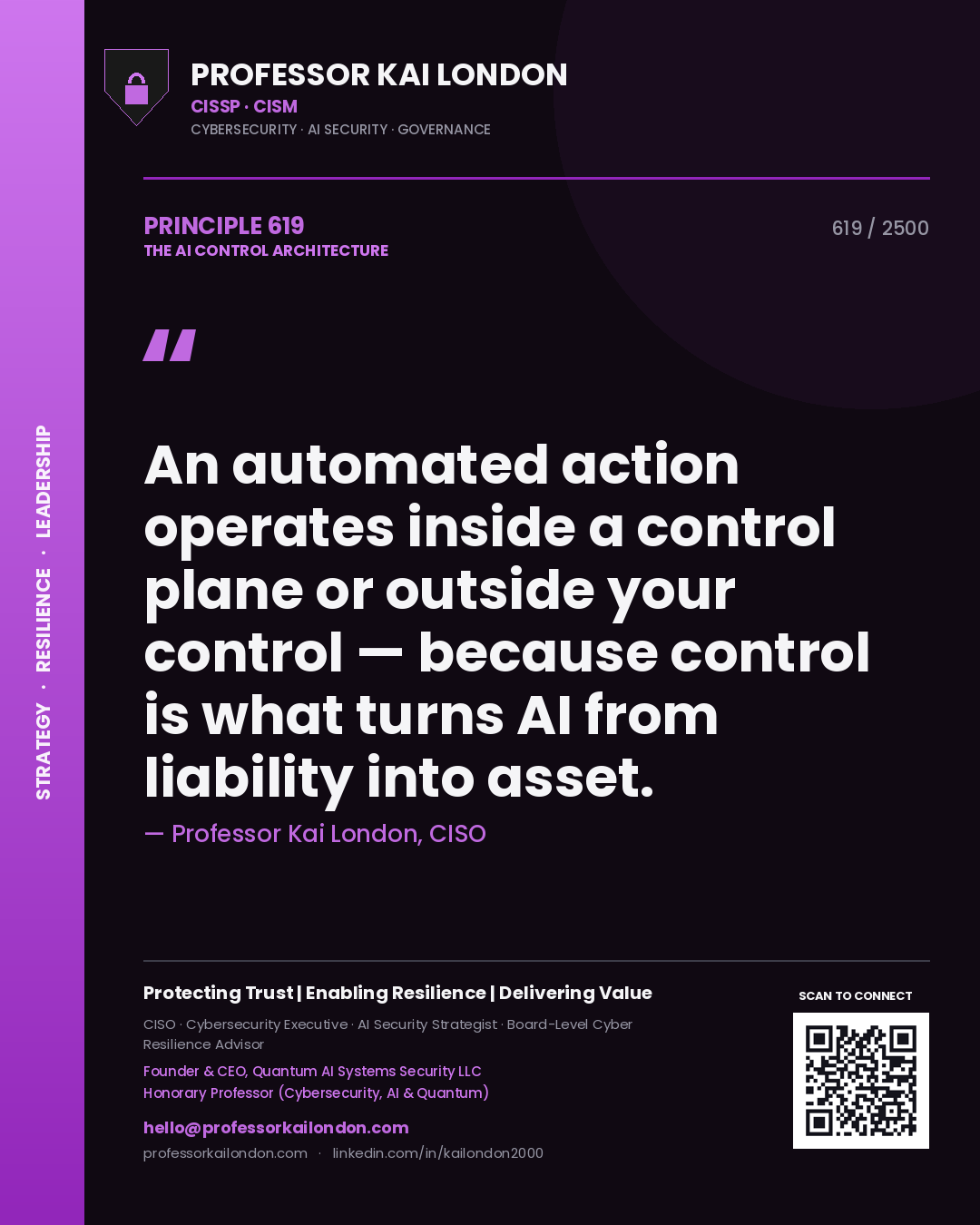 Professor Kai London principle 619: An automated action operates inside a control plane or outside your control — because control is what turns AI from liability into asset.