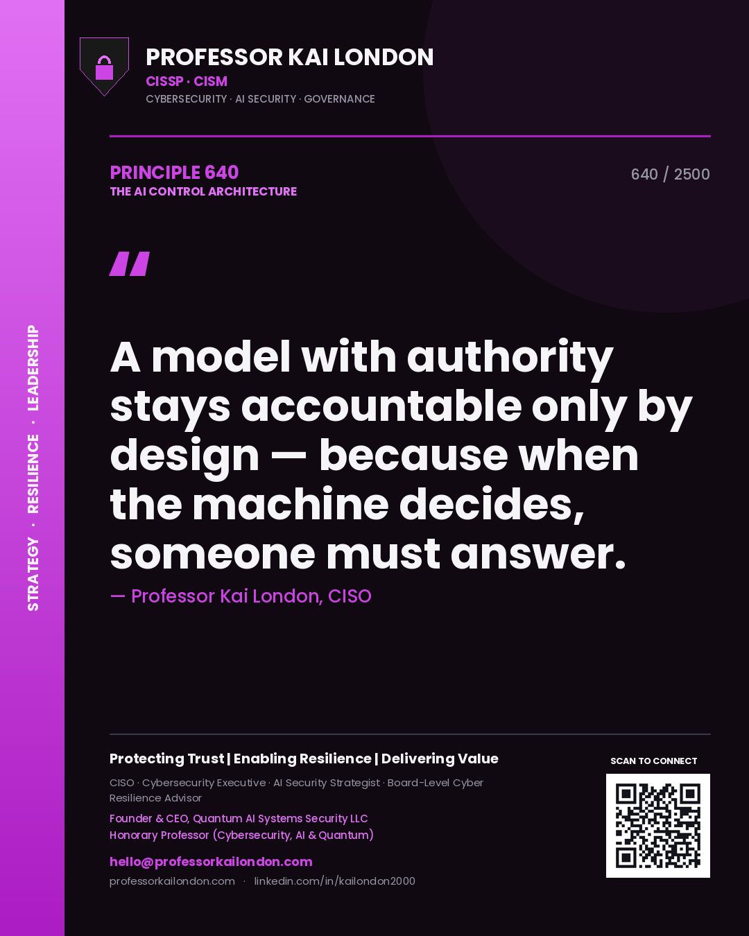 Professor Kai London principle 640: A model with authority stays accountable only by design — because when the machine decides, someone must answer.