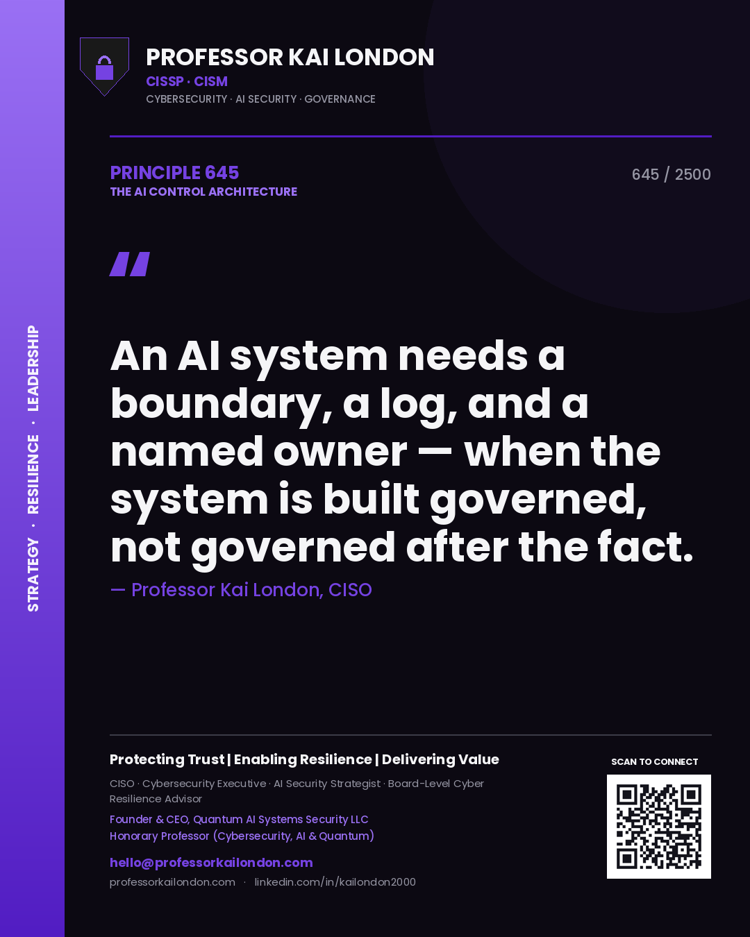 Professor Kai London principle 645: An AI system needs a boundary, a log, and a named owner — when the system is built governed, not governed after the fact.