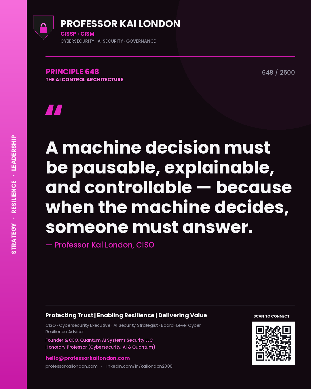 Professor Kai London principle 648: A machine decision must be pausable, explainable, and controllable — because when the machine decides, someone must answer.
