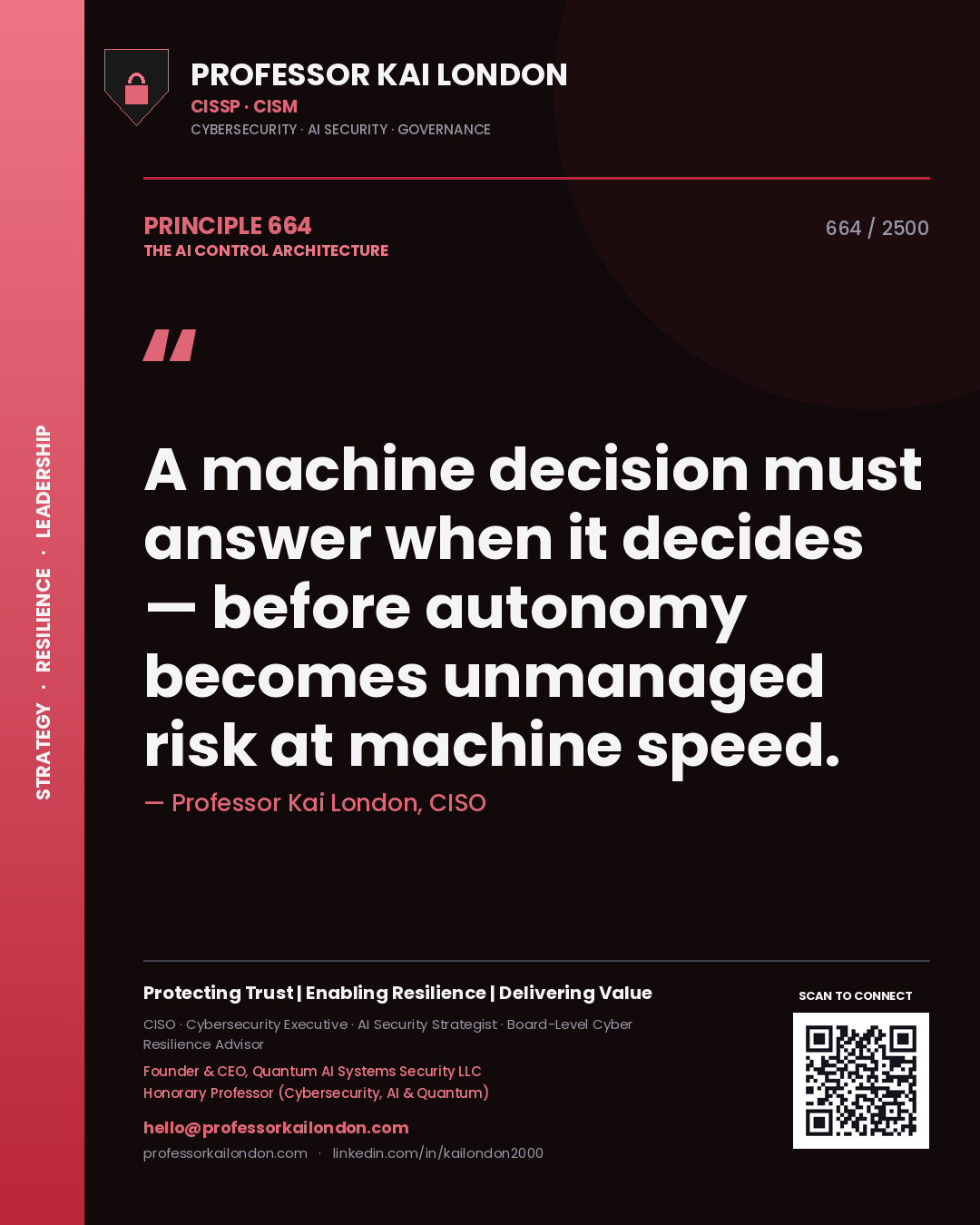 Professor Kai London principle 664: A machine decision must answer when it decides — before autonomy becomes unmanaged risk at machine speed.