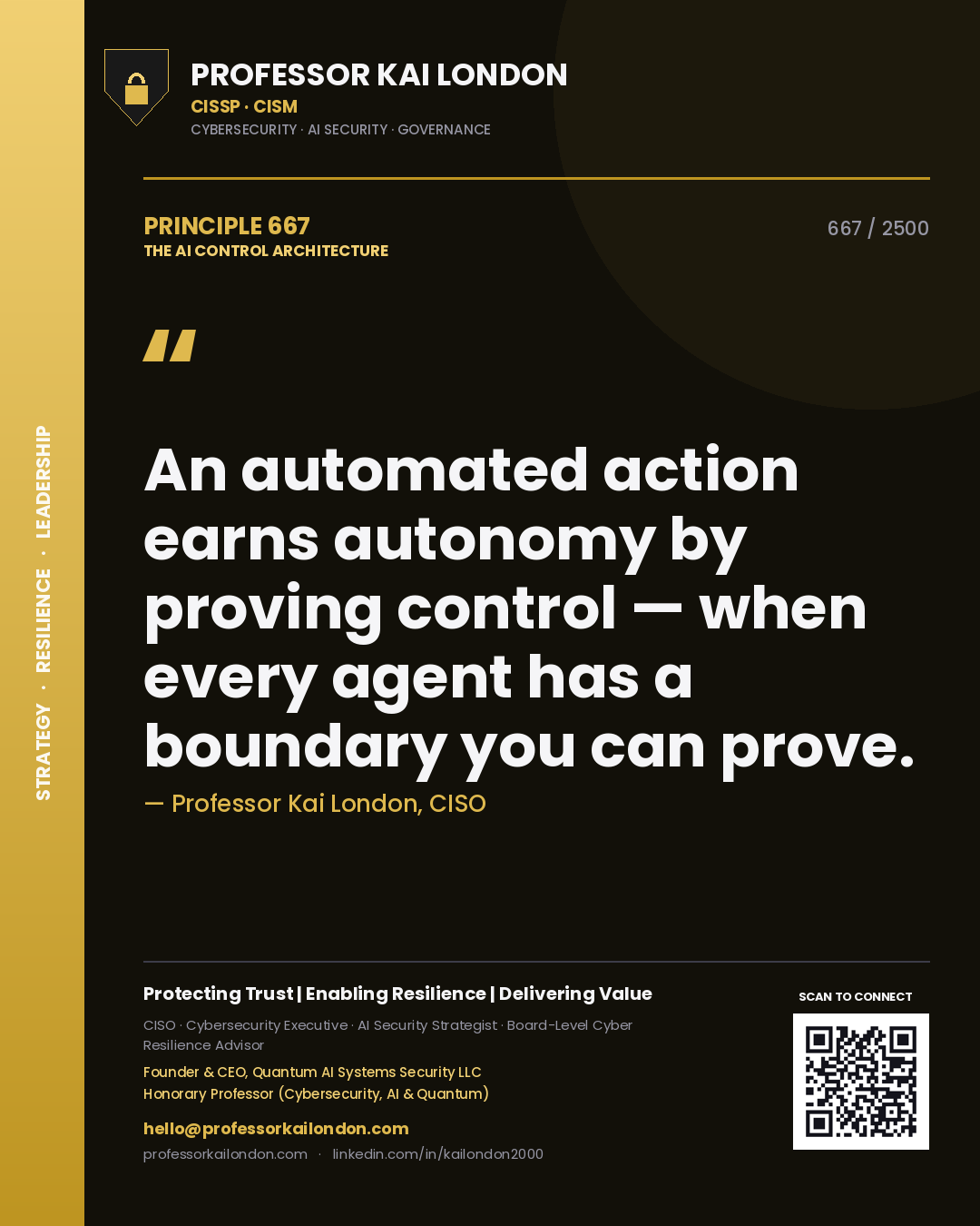 Quote card by Professor Kai London reading 'An automated action earns autonomy by proving control — when every agent has a boundary you can prove.'. From the book The AI Control Architecture.