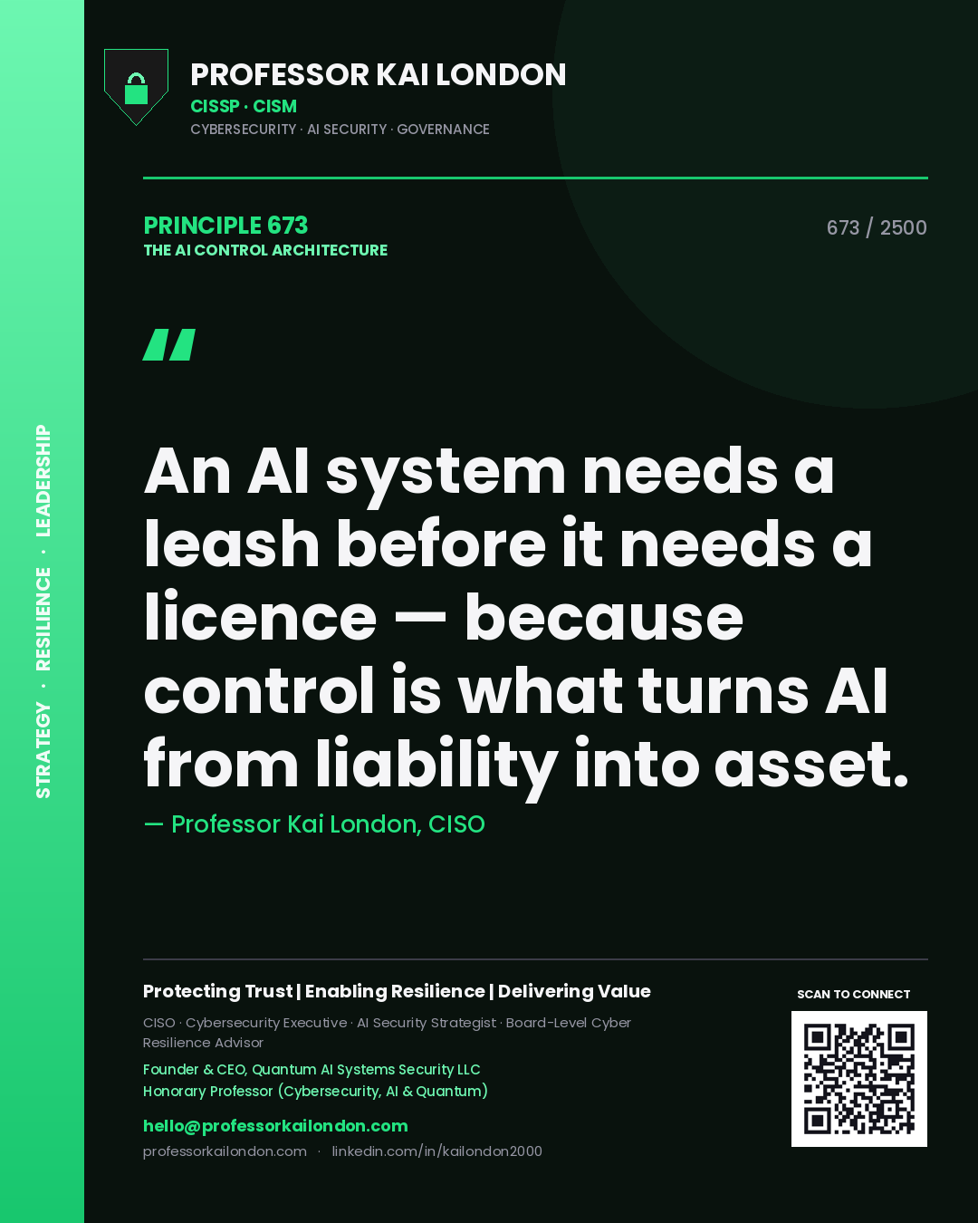 Professor Kai London principle 673: An AI system needs a leash before it needs a licence — because control is what turns AI from liability into asset.
