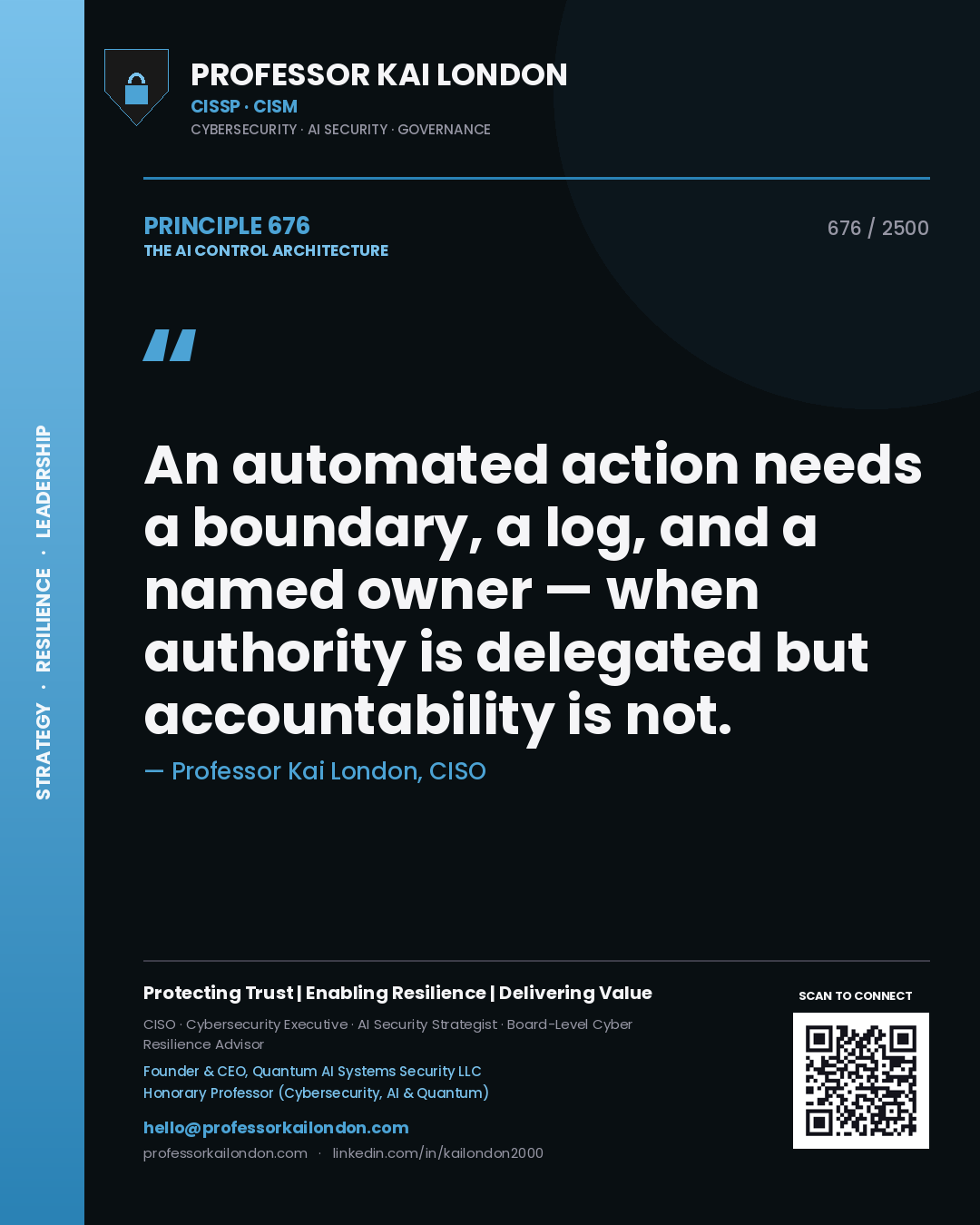 Quote card by Professor Kai London reading 'An automated action needs a boundary, a log, and a named owner — when authority is delegated but accountability is not.'. From the book The AI Control Architecture.