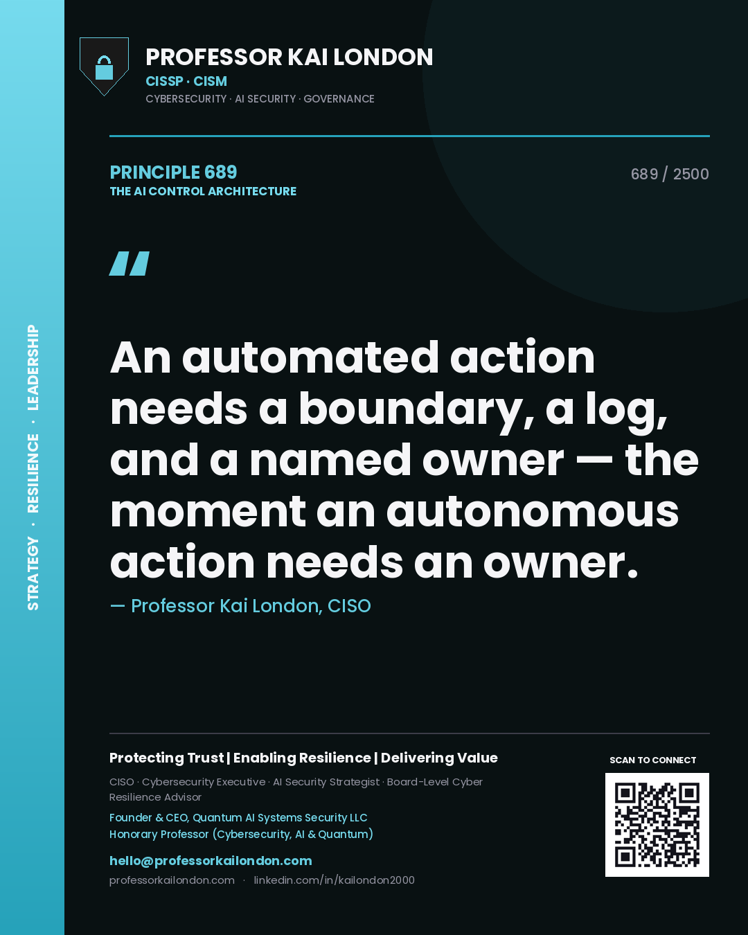 Quote card by Professor Kai London reading 'An automated action needs a boundary, a log, and a named owner — the moment an autonomous action needs an owner.'. From the book The AI Control Architecture.