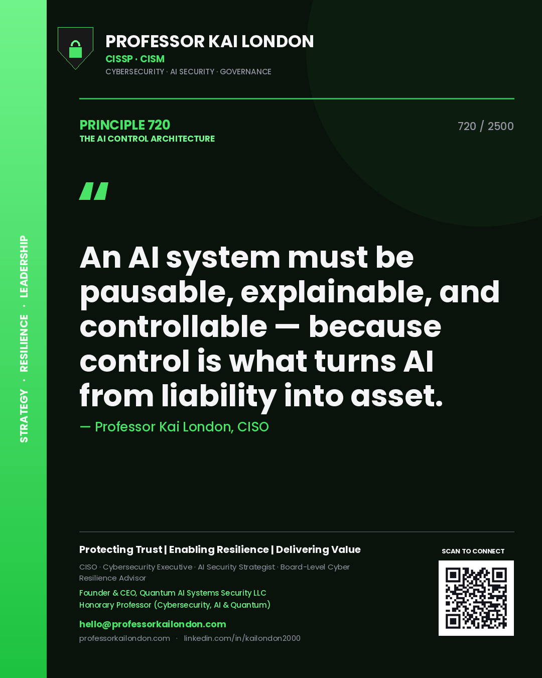 Professor Kai London principle 720: An AI system must be pausable, explainable, and controllable — because control is what turns AI from liability into asset.