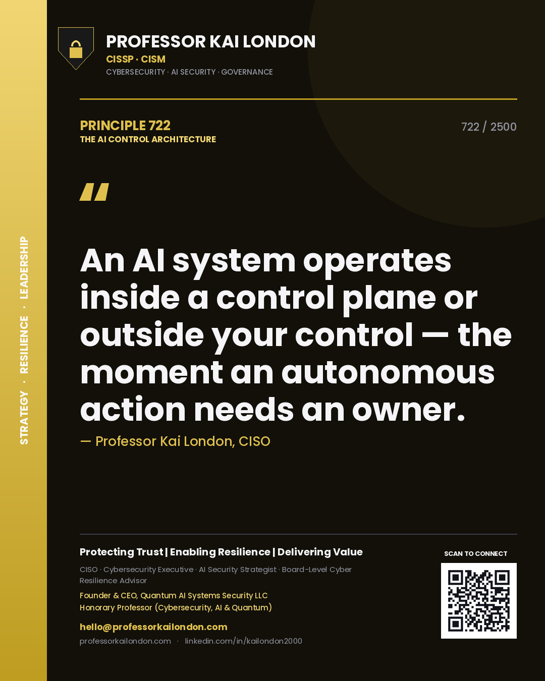 Professor Kai London principle 722: An AI system operates inside a control plane or outside your control — the moment an autonomous action needs an owner.